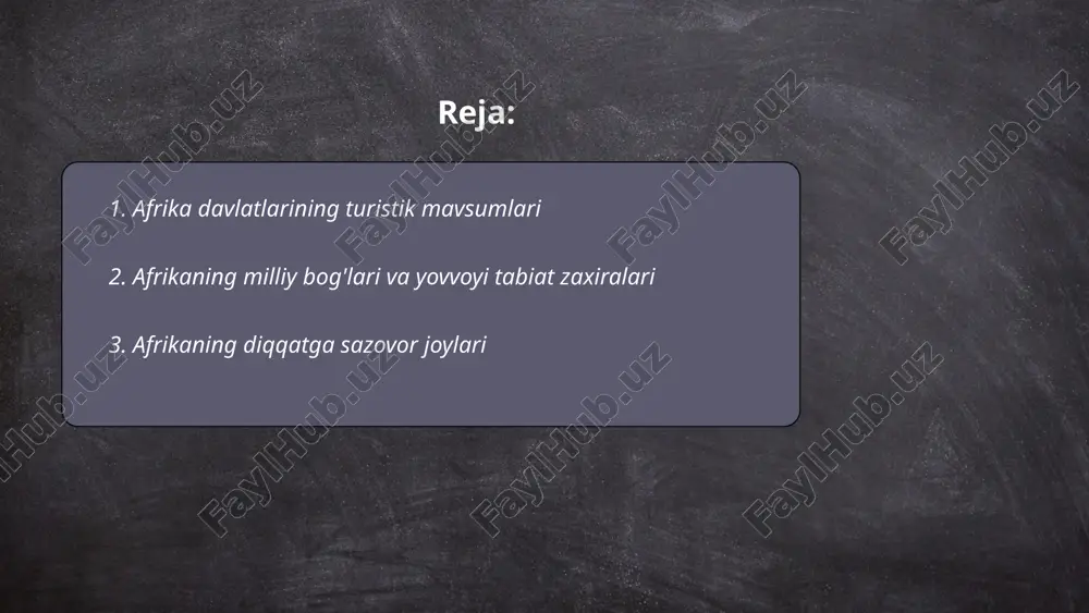 andlikdagi xufu piramidasi ham dunyoning yetti mo‘’jizasidan biridir. janubiy afrikadagi kruyer milliy bog‘i 19,000 kvadrat kilometr maydonga ega va mingdan ortiq turdagi o‘simliklarni o‘z ichiga oladi. shuningdek, zimbabve va zambiya o‘rtasidagi viktoriya sharsharasi dunyo bo‘yicha eng katta sharshara bo‘lib, uning balandligi 108 metrni tashkil etadi. afrikadagi kilimanjaro tog‘i, 5,895 metr bilan qit’adagi eng baland cho‘qqi hisoblanadi. ... t.me/slaydai_bot 4. afrika bo'ylab safari sayohatlari afrika safari sayohatlari ko'p turlar: tanzaniyada serengeti milliy bog'ida serengeti migratsiyasi kuzatish, keniyada maasai mara parkida felida yirtqich qushlar ko'rish, janubiy afrikada kruger milliy bog'ida "big five" (arslon, leopard, fil, karkidon, buqaloq) kuzatish mashhur faoliyatlardandir. turistlar botsvana okavango deltasi va namibiyaning sossusvlei qizil qumlarida ham sayr qilishadi. ugandada gorilla trekking va zimbabweda viktoriy tomchilarini ziyorat qilish ham mavjud. statistikaga ko'ra, har yili afrikaga yuz minglab sayyohlar kelib, yovvoyi tabiat go'zalligidan zavq olishadi. safarilar uchun eng yaxshi fasllar - quruq mavsum, iyuldan oktyabrgacha, chunki bu vaqtda hayvonlar suv …