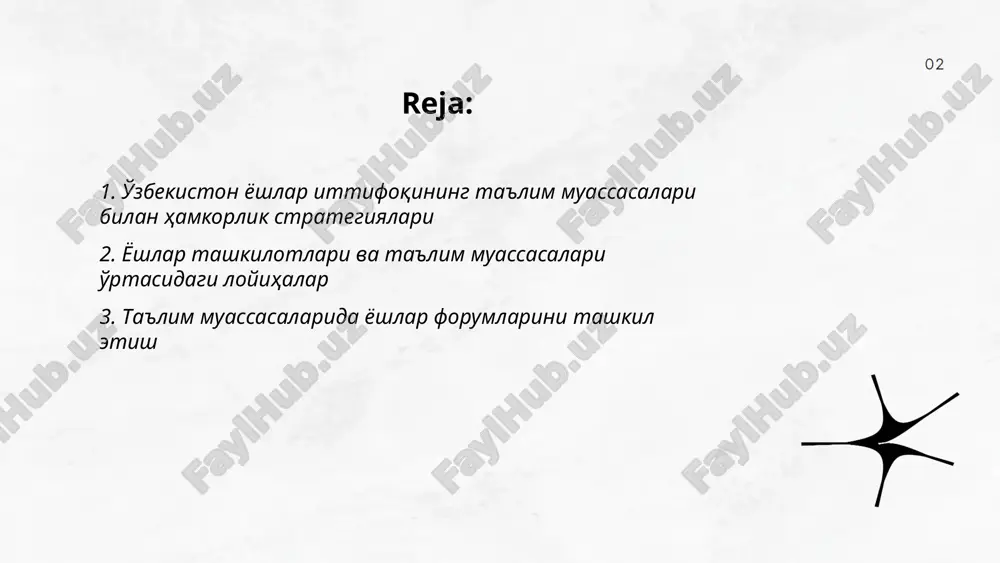 ildi, ular yoshlarni jamoatchilik ishlarida ishtirok etishga jalb qildi. 2024 yil oxiriga kelib, yoshlar tashabbuslari samaradorligini yanada oshirish va yangi texnologiyalarni joriy qilish bo'yicha rejalar tasdiqlangan. yil davomida 300dan ortiq innovatsion loyihalar yo'lga qo'yilishi kutilayapti. ... t.me/slaydai_bot 2024 yilda o'zbekistonda yoshlar forumlarini tashkil etish ishlari yanada kengaytirildi. yil davomida 150 dan ortiq yoshlar forumi o'tkazildi, va ularda ishtirokchilar soni 15,000 dan oshdi. bu forumlar doirasida 300 dan ziyod ma'ruzalar, treninglar va davra suhbatlari o'tkazildi. forumlar yoshlar o'rtasida innovatsion g'oyalar va ijodkorlikni rivojlantirishga qaratildi. shuningdek, yoshlarning kasbiy ko'nikmalarini takomillashtirish va mehnat bozoriga tayyorgarlik jarayonlari alohida e'tiborga olindi. 2024 yilda o'tkazilgan forumlar doirasida 50 dan ortiq yangi loyihalar yaratilib, yoshlar o'rtasida hamkorlik va tajriba almashinuvi yanada rag'batlantirildi. forumlar natijasida yoshlar etakchiligi sohasida yangi tashabbuslar amalga oshirilishiga poydevor yaratildi. ... t.me/slaydai_bot 4. yoshlar uchun ta'lim muassasalarida trening va seminarlar 2024 yilda o'zbekistonda yoshlar uchun ta'lim muassasalarida trening va seminarlar soni yanada oshirildi. yil …