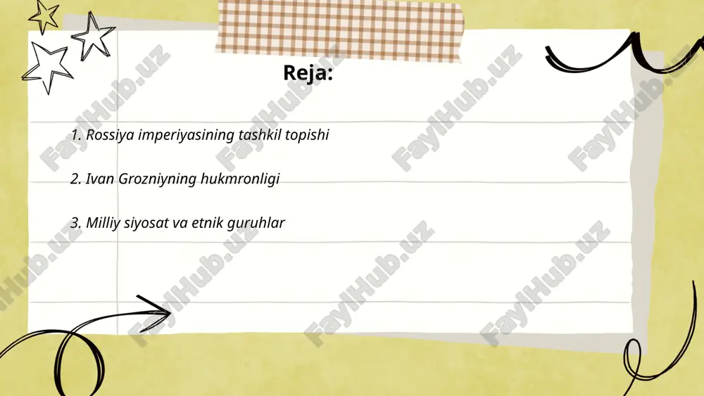 ni boshladi. bu jarayonda yangi hududlarga ko‘plab turli etnik guruhlarni o‘z ichiga olgan yirik va turli madaniyatlar birlashdi. rossiya imperiyasi, o‘zining milliy siyosatida ko‘plab etnik guruhlar o‘rtasidagi munosabatlarni tartibga solish, ularni assimilyatsiya qilish yoki muayyan darajada erkinlik berish siyosatini yuritdi. 17-18 asrlarda rossiya hukumati o‘zining ko‘pmillatli tuzumini mustahkamlashga intildi. bu davrda imperiya tomonidan ayrim etnik guruhlarga o‘z tillarini va madaniyatlarini saqlashga ruxsat berilgan bo‘lsa-da, ko‘plab guruhlar ruslashtirish siyosatiga duch keldi. bu davrda milliy siyosatning asosiy yo‘nalishlaridan biri, rossiya imperiyasining har bir viloyatidagi milliy guruhlarni boshqarish va ularni imperiyaning umumiy madaniyati bilan uyg‘unlashtirishga intilish edi. ... t.me/slaydai_bot 4. rossiya cherkovi va davlat "rossiya pravoslav cherkovi va davlat o'rtasidagi munosabatlar yillar davomida o'zgarib kelgan. 988 yilda knyaz vladimir pravoslavlikni qabul qilganidan so'ng, cherkov davlat ishlarida muhim rol o'ynagan. 1917 yilgi inqilobdan keyin sovet davlati dinga qarshi siyosat olib bordi, cherkov ta'siri keskin kamaytirildi. 1991 yilda sovet ittifoqi parchalangach, rossiya ortodoks cherkovi yana …