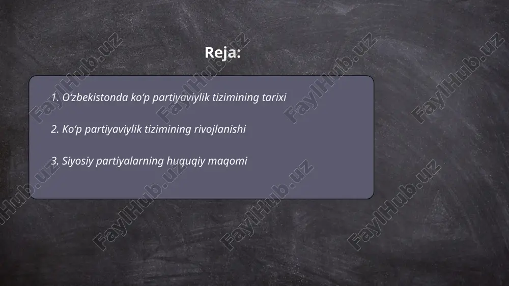 y partiyalar davlat ro'yxatidan o'tkazilib, o'z huquqiy maqomiga ega bo'lgan subyektlar hisoblanadi. ular o'zbekiston respublikasi siyosiy partiyalar to'g'risidagi qonuniga muvofiq faoliyat yuritadi. siyosiy partiyalar fuqarolarning siyosiy irodasini shakllantirish, ularni jamiyat va davlat boshqaruviga jalb etish maqsadida tashkil etiladi. 2023 yil holatiga ko'ra, mamlakatda beshta yirik siyosiy partiya faoliyat yuritadi: o’zlidep, o’zxdp, milliy tiklanish, ekologik partiya va adolat sotsial-demokratik partiyasi. har bir partiya o'z ustaviga ega bo'lib, faoliyatida qonunchilikka amal qiladi. siyosiy partiyalar davlat xavfsizligini saqlash va mustahkamlashda ishtirok etadi. ... t.me/slaydai_bot 4. oʻzbekiston siyosiy tizimidagi partiyalarning roli oʻzbekiston siyosiy tizimi koʻp partiyaviylik tamoyiliga asoslangan. amaldagi siyosiy partiyalar orasida oʻzbekiston liberal-demokratik partiyasi, oʻzbekiston xalq demokratik partiyasi, oʻzbekiston milliy tiklanish demokratik partiyasi, adolat sotsial-demokratik partiyasi va ekologik partiya faoliyat yuritadi. oʻzbekiston liberal-demokratik partiyasi hukmron partiya hisoblanadi va 2019-yilda boʻlib oʻtgan parlament saylovlarida 150 ta deputatlik oʻrnidan 53 tasini qoʻlga kiritdi. parlamentning quyi palatasi oliy majlisda partiyalar milliy siyosat, iqtisodiy rivojlanish va ijtimoiy …
