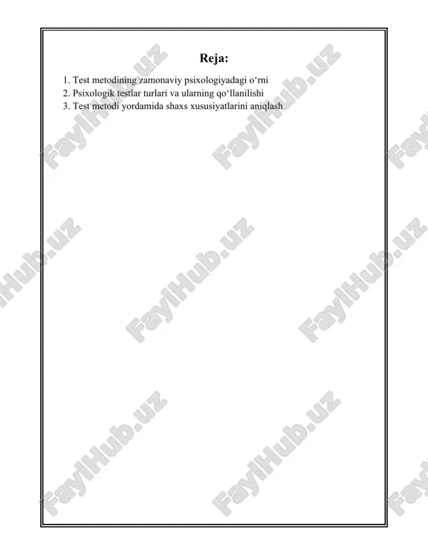 insonning miya funktsiyalarini baholashda ishlatiladi. bu turdagi testlar, alzheimer kasalligi yoki boshqa nevrologik kasalliklar diagnostic qilishda yordam beradi. bunda, testlar soni va turlari juda ko‘p bo‘lib, har bir test o‘ziga xos parametrlari bilan ajralib turadi. 5. **pedagogik psixologiya**: ta’lim jarayonlarida testlar o'ta muhim hisoblanadi. ular talabalar qobiliyatlarini, fan bo‘yicha bilimlarini, shuningdek, bilim darajasini o‘lchash va baholash uchun xizmat qiladi. bu ko‘rsatkichlar bo‘yicha o‘quv dasturlari va o‘quv jarayonlarini optimallashtirish mumkin. 6. **test ishonchliligi va validligi**: psixologik testlarning amaliyotda samarali bo‘lishi uchun ularning ishonchliligi va validligi yuqori bo‘lishi kerak. testning ishonchliligi deganda, o‘sha testning bir necha martadan o‘tkazilganda bir xil natijalarni berishi tushuniladi. validlik esa, testning o‘lchayotgan narsasini aynan qanchalik aniq o‘lchashini bildiradi. 7. **testlarni standartlashtirish**: zamonaviy psixologiyada testlarni standartlashtirish juda muhim. bu jarayon test natijalarida adolat va ob’ektivlikni ta’minlaydi. standartlashtirilgan testlar keng ko‘lamda qo‘llanilishi mumkin va natijalar bir xil sharoitda olinadi. 8. **psixometrik tahlil**: test natijalarining sifatini oshirish uchun psixometrik tahlil …