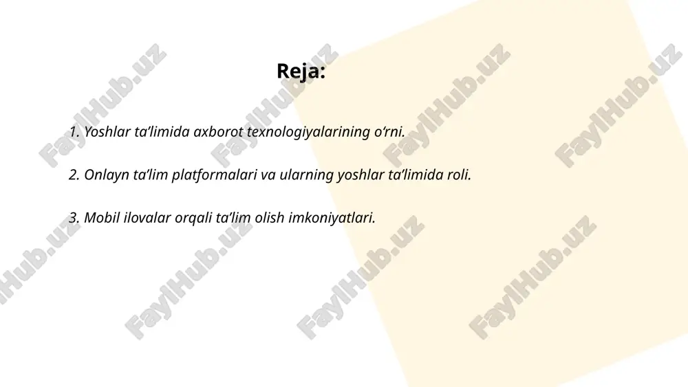 m olish imkoniyatlarini sezilarli darajada kengaytirmoqda. dunyoda 5 milliarddan ortiq mobil foydalanuvchi mavjud boʻlib, bu ta’lim resurslariga kirishni osonlashtirmoqda. coursera va edx kabi platformalarda yuz minglab kurslar mavjud. udemy esa 130 mingdan ortiq kurslarni taklif etadi. o‘zbekistonda ham mobil ilovalar orqali masofaviy ta’lim joriy qilinib, 2022 yilda 1,5 milliondan ortiq o‘quvchi va talaba ushbu xizmatlardan foydalandi. shu bilan birga, duolingo kabi ilovalar tillarni o‘rganishda 500 milliondan ortiq foydalanuvchiga xizmat ko‘rsatmoqda. mobil ilovalar orqali ta’lim olish qobiliyatlarni oshirish va bilimlarni kengaytirish imkonini beradi. ... t.me/slaydai_bot 4. elektron darsliklar va ularning samaradorligi. elektron darsliklar axborotni zamonaviy tarzda yetkazish uchun samarali vosita hisoblanadi. tadqiqotlar shuni ko'rsatadiki, elektron darsliklardan foydalanish an'anaviy darsliklarga qaraganda o'quvchilarning bilim olish darajasini 20-30 foizgacha oshirishi mumkin. interaktiv imkoniyatlar tufayli, ularni 60 dan ortiq mamlakatlarda minglab maktablar muvaffaqiyatli joriy qilgan. elektron darsliklar yordamida 15-20 foizgacha vaqt tejalishi va o'quvchilarning 25 foizgacha ko'proq mavzularni o'zlashtirishi aniqlangan. bularning barchasi o'qituvchilarga o'quv jarayonini …