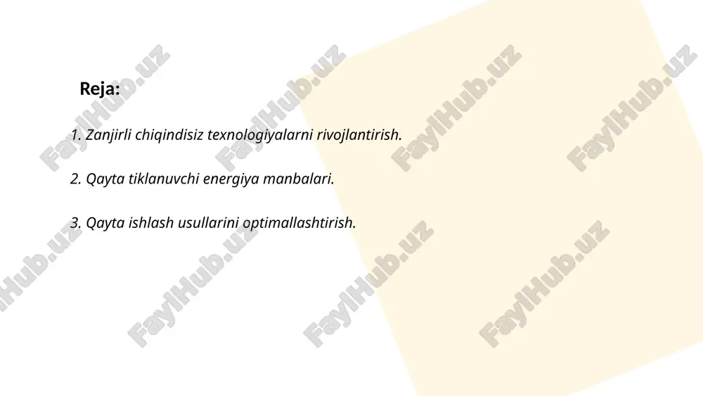 lish, bu ishlab chiqarish jarayonlarini yanada samarali qiladi. energiya samaradorligi va energiya tejamkor texnologiyalarni qo‘llash, ishlab chiqarishdagi energiya sarfini kamaytiradi. yashil texnologiyalarni joriy etish orqali chiqindilarni kamaytirish va atrof-muhitni himoya qilish. mahsulot dizaynida chiqindisiz texnologiyalarni rivojlantirishda mahsulotlarni qayta ishlashga moslashgan, ekologik jihatdan toza va uzoq muddatli ishlatiladigan qilib ishlab chiqish muhimdir. bu erda ba'zi yondashuvlar: modulli dizayn orqali mahsulotlarni osonlik bilan qayta ishlash. biologik parchalanadigan materiallardan foydalanish, plastikni kamaytirish. mahsulot hayot tsiklini qisqartirish va foydalanilgan materiallarning qayta ishlanishini ta'minlash. mahsulotlarni qayta ishlash va umumiy chiqindilarni kamaytirishga oid ijtimoiy tashabbuslarni qo‘llab-quvvatlash. jamoatchilikni xabardor qilish va ta'lim berish orqali ekologik ongni oshirish. barqaror ishlab chiqarish tizimlarini rivojlantirish, bu o‘z navbatida ijtimoiy va iqtisodiy yutuqlarga olib keladi. ... t.me/slaydai_bot rodstvennie otnosheniya — eto svyazi mejdu chlenami semi, osnovannie na krovnom rodstve ili brake. v srednem, v rossii v seme naschitivaetsya 2-3 rebenka. po dannim rosstata, v 2020 godu v rossii bilo zaregistrirovano okolo …