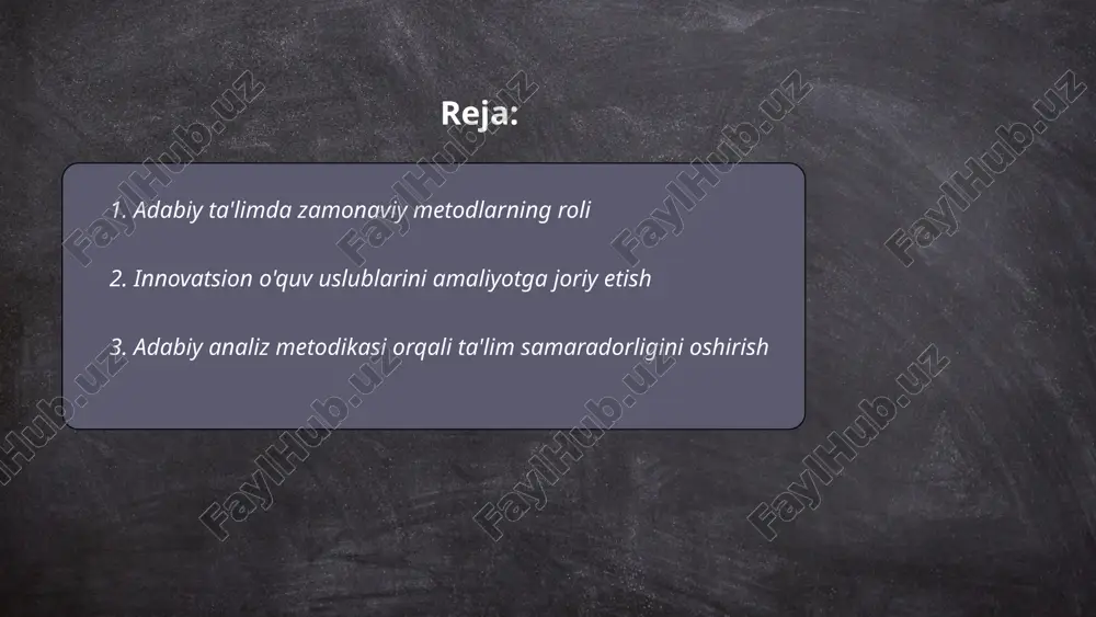 r tashkil etildi. bu uslublar yordamida o‘quvchilarning bilim darajasi 30% ga oshdi. ... t.me/slaydai_bot adabiy analiz metodikasi orqali ta'lim samaradorligini oshirishda bir qator usullar samarali bo'lishi mumkin. tadqiqotlar ko'rsatishicha, o'quvchilarning nazariy bilim darajasi 25% ga, tahliliy fikrlash qobiliyati esa 30% ga oshadi. adabiy asarlar tahlili ta'lim jarayonida interfaol usullardan foydalanishni taqozo etadi, bu esa talabalarni 40% faolroq ishtirok etishga undaydi. o'qituvchilar tomonidan tashkil etilgan muhokama va guruh ishlari o'quvchilarning jamoaviy hamkorligini 35% ga yaxshilaydi. bunday metodika orqali o'quvchilar adabiyotga qiziqishini 50% ga oshirish mumkin. shu tariqa, adabiy analiz ta'lim natijalarini sezilarli darajada yuqori ko'rsatkichlarga olib keladi. ... t.me/slaydai_bot 4. talabalarda adabiyotga qiziqishni uyg'otish usullari talabalarda adabiyotga qiziqishni uyg'otishda turli usullar samarali bo'lishi mumkin. birinchidan, interaktiv kitob muhokamalari o‘tkazish va o‘quvchilar tomonidan yozilgan resenziyalar orqali fikr almashinishni rag'batlantirish muhimdir. ikkinchidan, tanqidiy fikrlashni rivojlantiruvchi mashg'ulotlar tashkil qilish ham foydali. uchinchidan, zamonaviy texnologiyalardan foydalanish, masalan, elektron kitoblar va audiokitoblar taqdim etish talabalar uchun …
