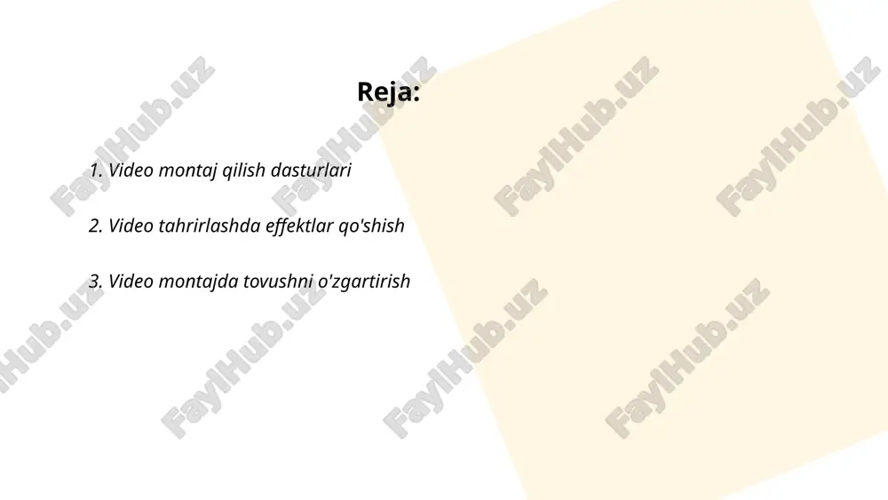 n foydalanish mumkin. tovushni kuchaytirish, balandlikni sozlash, shovqinni kamaytirish va effektlar qo'shish kabi vazifalar bajariladi. masalan, tovushni kuchaytirish uchun decibel (db) birligi ishlatiladi. shovqinni kamaytirish jarayonida 20 db yoki undan pastroq darajadagi shovqinlar olib tashlanishi mumkin. effektlar qo'shishda ekvalayzer bilan yuqori va past chastotalarni boshqarish muhim, bunda chastotalar hertz (hz) bilan o'lchanadi. ... t.me/slaydai_bot 4. animatsiya yaratish dasturlari animatsiya yaratish uchun ko'plab dasturlar mavjud. adobe after effects va blender eng ommabop dasturlardan biri hisoblanadi. blender - bepul va ochiq manbali dastur bo'lib, 3d animatsiyalar, grafikalar yaratishga mo'ljallangan. adobe after effects esa video va harakatli grafikalar yaratish uchun ishlatiladi, professional kino studiyalarida qo'llaniladi. toon boom harmony ikki o'lchamli animatsiyalar yaratishda keng qo'llanadi va studiyalar tomonidan afzal ko'riladi. anime studio va synfig studio ham animatsiya yaratishga mo'ljallangan dasturlar qatorida. natijaning sifatiga ko'ra dastur tanlashda ehtiyoj va tajribaga e'tibor qaratish muhim. ... t.me/slaydai_bot video tahrirlashda "kesish va ulash" jarayonlari montajning muhim qismlaridan biridir. …