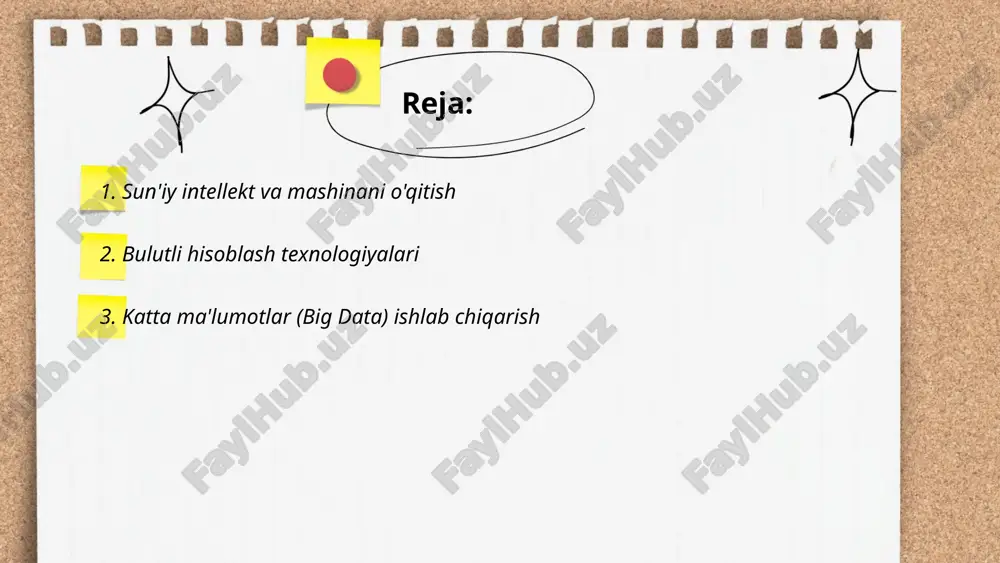 illiarddan oshgan bo‘lib, har kuni 2,5 kvintillion baytdan ortiq ma’lumot yaratilgan. katta ma’lumotlar texnologiyalari, masalan, hadoop va spark, milliardlab yozuvlarni tezkor qayta ishlash imkoniyatini beradi. ular sanoat tarmoqlarida, jumladan, moliya, sog‘liqni saqlash va telekommunikatsiyada qo‘llaniladi. 2025-yilga kelib, dunyoda ishlab chiqariladigan ma’lumot hajmi 175 zettabaytga yetishi kutilmoqda. bu jarayonlar bizneslar uchun raqobatbardoshlik va innovatsion yechimlar yaratishda muhim rol o‘ynaydi. ... t.me/slaydai_bot 4. blokcheyn texnologiyalari blokcheyn texnologiyasi markaziylashtirilmagan tizim bo‘lib, tranzaktsiyalar tarixini saqlaydi. 2008-yilda satoshi nakamoto tomonidan taqdim etilgan. har bir blok o‘zi oldingi blok bilan bog‘langan va kriptografik jihatdan himoyalangan. 2022-yilga kelib, blokcheyn texnologiyasi global iqtisodiyotda 20 milliard dollarlik sarmoya olishni boshladi. tadqiqotlarga ko‘ra, 2030-yilga kelib, blokcheyn asosida dunyo bo‘ylab 1,76 trillion dollarlik iqtisodiy ta’sir kutilmoqda. asosiy qo‘llanish sohalari moliya, sog‘liqni saqlash, ta’lim va logistika. har yili blokcheynni qo‘llaydigan kompaniyalar soni o‘sib bormoqda. 2019-yilda 34 foiz kompaniya blokcheynni qo‘llagan bo‘lsa, 2023-yilga kelib bu ko‘rsatkich 76 foizga yetdi. ... t.me/slaydai_bot veb-texnologiyalar va …