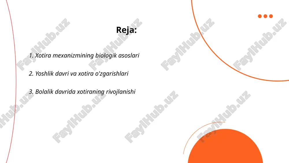 di. 6-12 yosh oralig'ida, xususan, ishchi xotira rivojlanishi davom etadi, bu esa o'qish va matematik kompetensiya uchun asos yaratadi. harvard universitetining ma'lumotlariga ko'ra, dastlabki maktab yillarida bolalarning xotirasi ko'pincha qisqa muddatli bo'lib, 7±2 elementli ma'lumotni eslab qolishi mumkin. sinfda faol ishtirok etish, o'yinlar va jismoniy mashg'ulotlar xotirani mustahkamlashda foydali hisoblanadi. shu davrda multitasking qobiliyati ham o'sib boradi, lekin faqatgina kam miqdordagi axborotni samarali boshqarishda. ... t.me/slaydai_bot 4. o'smirlik davridagi xotira va uni rivojlantirish o'smirlik davridagi xotira rivojlanishi miyadagi neyronlar o'rtasidagi bog'lanishlar shakllanishi bilan bog'liq. ushbu davrda xotiraning qisqa muddatli va uzoq muddatli turlari muhim o'zgarishlarga uchraydi. tadqiqotlar shuni ko'rsatadiki, o'smirlik yillarida miyadagi prefrontal korteks va hipokamp rivojlanishda davom etadi. bepul miya mashg'ulotlari, masalan, mantiqiy o'yinlar va o'qish, kognitiv funksiyalarni yaxshilaydi. sinovlarda yoshlar 80% gacha ma'lumotni qabul qilish qobiliyatiga ega ekan, to'g'ri ovqatlanish va muntazam jismoniy faollik muhim rol o'ynaydi. o'qitilgan yodlash texnikasi, vizual xotira kartalari va asosiy bilimlarni qayta ko'rib …