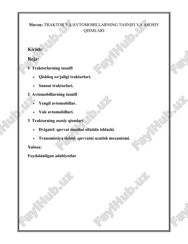 i. 1. traktorlarning tasnifi traktorlar - bu sug'orish, yerga ishlov berish, yuk tashish va boshqa qishloq xo'jaligi va sanoat operatsiyalarida foydalaniladigan ko'p funktsiyali mashinalardir. traktorlarning tasnifi ularning turli xususiyatlari va foydalanish turlari bo'yicha amalga oshiriladi. quyida traktorlar tasnifi haqida ma'lumot: 1. **foydalanish turi bo‘yicha tasnifi**: - **qishloq xo‘jaligi traktorlari**: bu turdagi traktorlar asosan ekin maydonlariga ishlov berish, ekish, o‘rim-yig‘im ishlari uchun mo'ljallangan. masalan, john deere, fendt kabi brendlar. - **sanoat traktorlari**: tog‘-kon va qurilish sohalarida foydalaniladigan traktorlar. buldozer, ekskavator va yuklovchi mashinalar turi kiradi. - **kommunal xizmat traktorlar**: shahar va qishloq infratuzilmasini saqlashda foydalaniladigan traktorlar. asosan ko‘cha tozalash va obodonlashtirish ishlari uchun ishlatiladi. 2. **yurish qismi bo'yicha tasnifi**: - **g‘ildirakli traktorlar**: harakatlanishda g‘ildiraklardan foydalanadi va yuqori manevra qobiliyatiga ega bo‘lib, asosan fermalarda qo‘llaniladi. - **tııg‘alı traktorlar**: harakatlanishda tııg‘a tizimidan foydalaniladi. mashhur traktorlar toifasi bo‘lib, og‘ir yuk talab qilinadigan joylarda, masalan, tog‘ konlarida foydali. 3. **dvigatelining quvvati bo‘yicha tasnifi**: - **kam …