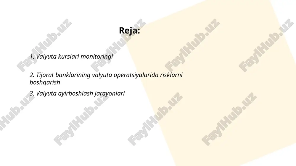 shda muhim rol o'ynaydi. har kuni o'rtacha 6,6 trillion aqsh dollari miqdoridagi valyuta ayirboshlanadi. 2020-yilda forex bozori dunyodagi eng katta suyuq bozor bo'lib, uning kunlik hajmi 2.4 billion dollarni tashkil etdi. asosiy valuta juftliklari, usd/eur, usd/jpy va usd/gbp, umumiy savdoning katta qismini tashkil etadi. milliy valyutalarning qiymatlarini markaziy banklar belgilaydi, lekin ular bozor omillari bilan o'zgarishi mumkin. valyuta almashinuvi, ayniqsa, xalqaro kompaniyalar uchun zarur, chunki ular chet elda o'z faoliyatlarini kengaytiradi. ... t.me/slaydai_bot 4. xorijiy valyutada hisob-kitoblar xorijiy valyutada hisob-kitoblar global savdo va iqtisodiy aloqalarning ajralmas qismidir. 2022-yilda dunyo bo‘yicha tashqi savdo hajmining qariyb 60% aqsh dollari, 20% yevro, 6% esa xitoy yuani yordamida amalga oshirilgan. o‘zbekiston respublikasi ham tashqi savdo operatsiyalarida asosan aqsh dollari, yevro va rossiya rubli kabi xorijiy valyutalardan foydalanadi. markaziy bankning ma'lumotlariga ko‘ra, 2023-yilning birinchi yarmida o‘zbekistonning tashqi savdo aylanmasi 23 milliard aqsh dollaridan oshgan. shuningdek, xalqaro hisob-kitoblarda swift tizimi va moliyaviy institutlar orqali operatsiyalar amalga …
