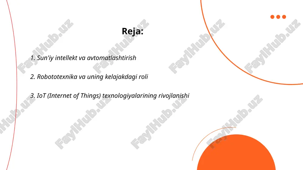 rt sohalarida keng qo‘llanilmoqda. 5g tarmog‘ining joriy etilishi iot qurilmalarining o‘zaro tezkor va samarali ulanishiga imkon berdi. iot bozorining global qiymati 2025 yilda 1,5 trillion dollarga etishi kutilmoqda. sensorlar, bulutli hisoblash va sun'iy intellekt texnologiyalari iot yutuqlarini rivojlantirishda muhim rol o‘ynamoqda. 2021 yilda o‘zbekistonda iot bazasida aqlli shaharlik loyihalari amalga oshirilmoqda. ... t.me/slaydai_bot 4. bulutli hisoblash texnologiyalari bulutli hisoblash texnologiyalari (cloud computing) zamonaviy it infratuzilmasining asosi bo‘lib, ma'lumotlarni saqlash, tahlil qilish va uzatishni osonlashtiradi. 2023 yilda bulutli xizmatlar bozori global miqyosda 600 milliard dollarni tashkil etishi kutilmoqda. ushbu texnologiya foydalanuvchilarga masofaviy serverlarda maʼlumotlarni qayta ishlash imkonini beradi. bulutli hisoblashning asosiy modellari: iaas (infratuzilma xizmat sifatida), paas (platforma xizmat sifatida), va saas (dasturiy ta'minot xizmat sifatida). yirik kompaniyalar, masalan, amazon web services (aws), microsoft azure va google cloud platform bu bozorning yetakchilaridir. bulutli texnologiyalarni qo‘llanishi biznes jarayonlarni optimallashtirish va it xarajatlarini kamaytirish imkonini beradi. ... t.me/slaydai_bot katta ma'lumotlar tahlili – turli …