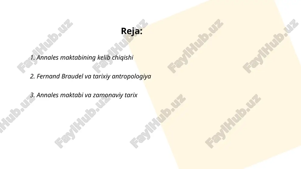 oladi. annales maktabining asoschilari lüsien febvre va mark bloch bo‘lib, ular tarixni “uzluksiz oqim” sifatida o‘rganishni taklif qilishgan. annales maktabining ta'siri 20-asr davomida keng tarqaldi, jumladan iqtisodiy tarix, demografiya va madaniy tarix sohalarida. zamonaviy tarix ushbu prinsiplarni qo‘llanib, kengroq miqyosdagi global va mahalliy o‘zgarishlarni o‘rganishga yo‘naltirilgan. ... t.me/slaydai_bot 4. strukturalizm va tarixiy tahlil strukturalizm 20-asrda paydo bo'lgan nazariya bo'lib, madaniy va ijtimoiy hodisalarni ularning tuzilishi orqali tushuntirishga intiladi. strukturalizmda tilshunos ferdinand de sossyur (1857-1913) muhim rol o'ynaydi. tarixiy tahlil esa voqealarni ularning rivojlanish jarayonida o'rganadi. strukturalizm va tarixiy tahlil o'rtasida farq shundaki, strukturalizm hozirgi tuzilmalarni tahlil qiladi, tarixiy tahlil esa vaqt davomida qanday o'zgarishlar sodir bo'lganini tushuntirishga yordam beradi. 1960-yillarda roland bart, mishel fuko kabi olimlar strukturalizmdan foydalangan. ushbu yondashuv tarix, lingvistika, psixologiya sohalarida qo'llaniladi. strukturalizm va tarixiy tahlil bir-birini to'ldirishi mumkin, chunki biri tuzilmani, ikkinchisi evolyutsiyani tahlil qiladi. ... t.me/slaydai_bot annales maktabi ijtimoiy tarixni tushunishda yangi yondashuvni taklif qilgan. …