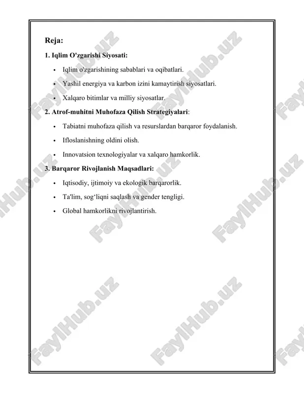 qarshi kurashdagi eng muhim xalqaro kelishuvlardan biri hisoblanadi. ushbu bitim 2015-yilda imzolangan va uning asosiy maqsadi global haroratning o'sishini 2 ℃ darajadagi sanab bosish, ya'ni sanoat davridan oldingi ko'rsatkichdan pastda ushlab turishdir. shuningdek, maqsadlarni 1.5 ℃ ga yaqinlashtirish ham ko'rilgan. parij bitimi kelishuvlari asosan milliy miqyosda belgilangan hissalardan (ndc) iborat bo'lib, davlatlar o'z maqsadlari va hissalarini belgilanadi. yer kurrasida issiqxona gazlari chiqindilarini kamaytirish uchun turli strategiyalar ishlab chiqilgan. masalan, 2020-yilda jahon bo'ylab co2 chiqindilari 34.81 milliard tonnani tashkil etdi. atmosferadagi karbonat angidrid (co2) darajasi esa 2020-yilga qadar oxirgi 800 ming yil mobaynida eng yuqori darajada, taxminan 412 ppm ga yetgan. parij bitimiga ko'ra, davlatlar 2030-yilgacha birgalikda 55 milliard tonna karbonat angidrid chiqindilarini kamaytirishga intilishlari kerak. bu esa energiya manbalarini diversifikatsiya qilish, sanoat texnologiyalarini takomillashtirish va yashil energetika sohasini rivojlantirish orqali amalga oshiriladi. yashil energiya iste'moli o'sib borayotgani sababli 2020-yilda jahon miqyosidagi elektr energiyasi ishlab chiqarishning 29% gidroelektro, 6% esa shamol …