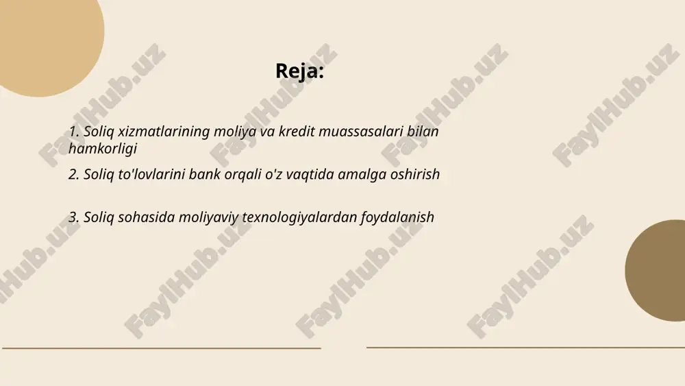 kun uchun miqdori 0.03% ni tashkil qiladi. bank xizmati orqali to'lov hujjatlarini saqlash va hisobotlarni yuritish osonlashadi. ... t.me/slaydai_bot soliq sohasida moliyaviy texnologiyalardan foydalanish, iqtisodiyotni raqamlashtirish orqali optimallashtirish imkoniyatlarini taklif etadi. o'zbekistonning soliq qo'mitasi, 2020-yilda 15 mingdan ortiq korxonani elektron hisob-kitob tizimiga ulash orqali soliq tushumlarini 22% ga oshirdi. "soliqinfo" platformasi orqali 450 mingdan ortiq foydalanuvchi soliq majburiyatlarini onlayn nazorat qildi. 2022-yilda soliq to'lovchilarning 68% elektron deklaratsiya topshirish tizimiga o'tdi. moliyaviy texnologiyalar yordamida soliq xizmati vaqtini 30% ga qisqartirish, shuningdek, xatolarni 15% ga kamaytirish imkoniyatiga ega bo'ldi. 2023-yil rejalari doirasida soliq to'lovlarining 70% dan ko'prog'ini raqamli shaklda qabul qilish mo'ljallangan. ... t.me/slaydai_bot 4. bank sirlarini saqlash va soliq organlari bilan ma'lumot almashish bank sirlari milliy qonunchilikka muvofiq himoya qilinadi. o‘zbekiston respublikasining "bank siri to‘g‘risida"gi qonuniga ko‘ra, banklar mijozlar ma'lumotlarini himoya qilishi shart. soliq organlari bilan ma'lumot almashish 2016-yilda qabul qilingan "soliq kodeksi"ga asoslanadi. banklar faqat qonun bilan taqiqlanmagan holatlarda ma'lumotlar …