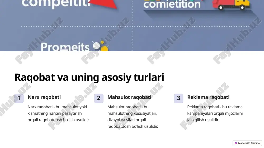 vatlash mexanizmlari innovatsiya yangi mahsulotlar va xizmatlarni ishlab chiqarish savollarga javob berish mijozlar ehtiyojlarini yaxshi tushunish va ularning ehtiyojlarini qondirish o'quv xodimlarni o'qitish va ularning malakalarini oshirish 6 tadbirkorlar o'rtasidagi raqobatni rag'batlantiruvchi omillar bozor talabining o'sishi bozor talabining o'sishi ko'proq tadbirkorlarni jalb qiladi va raqobatni kuchaytiradi. texnologiya taraqqiyoti yangi texnologiyalar paydo bo'lishi raqobatdoshlikni oshiradi va tadbirkorlarga yangi imkoniyatlar yaratadi. globalizatsiya globalizatsiya turli mamlakatlarning tadbirkorlari o'rtasida raqobatni kuchaytiradi. 7 xulosalar va amaliy tavsiyalar 1 tadbirkorlikni rag'batlantirish tadbirkorlarni qo'llab-quvvatlash va ularga raqobatlashish uchun qulay sharoit yaratish muhimdir. 2 raqobatni nazorat qilish bozorning barqarorligini ta'minlash va nohaq raqobat usullariga yo'l qo'ymaslik uchun raqobatni nazorat qilish kerak. 3 innovasiyani rag'batlantirish tadbirkorlarni innovasiya qilishga undash va ularning yangi mahsulotlar va xizmatlarni ishlab chiqarishga bo'lgan rag'batini oshirish kerak. 8 image1.png image2.png image3.png image4.png image5.png image6.png image7.png image8.png image9.png image10.png image11.png image12.png image13.png image14.png