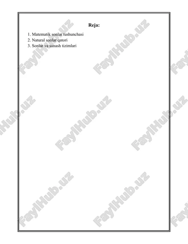 onal sonlarni o‘z ichiga oladi. ushbu to‘plam sonlar chizig'ining butun qismini qamrab oluvchi uzluksiz to'plamdir. haqiqiy sonlar ko'plab matematik amallarni amalga oshirish imkonini beradi, ayniqsa, geometrik uzunliklarni o'lchash, limitlar tushunchasini tadqiq etish va uning turli xususiyatlarini o'rganishda. sonlar tushunchasi matematik diagnostikada ham keng qo‘llaniladi. masalan, aniq sonlar nazariyasi, matematik analiz va algebra tushunchalarining o‘rganilishi bilan bog‘liqdir. matematik analizda limitlar, xulosalar va uzluksizlik va hokazo masalalarda haqiqiy sonlar va ularning xususiyatlari ko‘p ish beradi. algebra esa ko‘pincha butun sonlar va ratsional sonlar bilan amallar bajarishga asoslangan. sonlarning yana bir turi murakkab sonlar bo‘lib, ular haqiqiy va mavhum biror sonning qo‘shilmasidan iboratdir. murakkab sonlar z = a + bi shaklida ifodalanib, bu erda a va b haqiqiy sonlar, i esa mavhum biror birlikdir (i² = -1). murakkab sonlar elektrotexnika, fizika va boshqa ilmiy sohalarda qo‘llaniladi. sonlarning rivojlanishi matematikaning turli sohalariga katta hissa qo‘shadi. har bir mavhum va haqiqiy son matematik modellar, statistik …