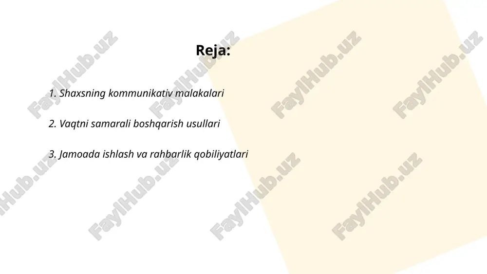 lar shuni ko‘rsatadiki, yaxshi jamoa ishtirokchilarining umumiy maqsadga erishish samaradorligi 33% ga ortadi. jamoaviy ishlashda aloqa qobiliyatlari, vazifalarni to‘g‘ri taqsimlash va mojarolarni hal qilish ahamiyatga ega. rahbarlik ko‘nikmalari esa qiyin vaziyatlarni boshqarishda, motivatsiyani saqlashda va o‘sish imkoniyatlarini yaratishda muhimdir. 2022 yilgi gallup tadqiqoti rahbarlar rahbarlik sifatlarining 70% tashkil etishini ko‘rsatdi. shu bilan birga zamonaviy liderlar innovatsion yechimlar qabul qilishda va moslashish qobiliyatlarida yuqori natijalarni ko‘rsatadi. jamoada ishlash va rahbarlik qobiliyatlari o‘zaro bog‘liq va muvaffaqiyatga erishish uchun bir-birini to‘ldiradi. ... t.me/slaydai_bot 4. stressni boshqarish usullari stressni boshqarish usullari ko'plab tadqiqotlar natijasida belgilanadi. har kuni kamida 30 daqiqa jismoniy mashqlar qilish stressni 20-30 foizga kamaytirishi mumkin. meditatsiya va nafas olish usullarini qo'llash, kuniga 10-15 daqiqa ajratib, stress darajasini 15-20 foiz pasaytiradi. to'g'ri uyqu rejimi ham muhim, kuniga 7-8 soat uxlash stressni samarali boshqarishga yordam beradi. ijobiy fikrlash va diqqatini ijobiy narsalarga qaratish, stressni 25 foiz kamaytirishi mumkin. ijtimoiy muloqot va qo'llab-quvvatlash tizimlarini …