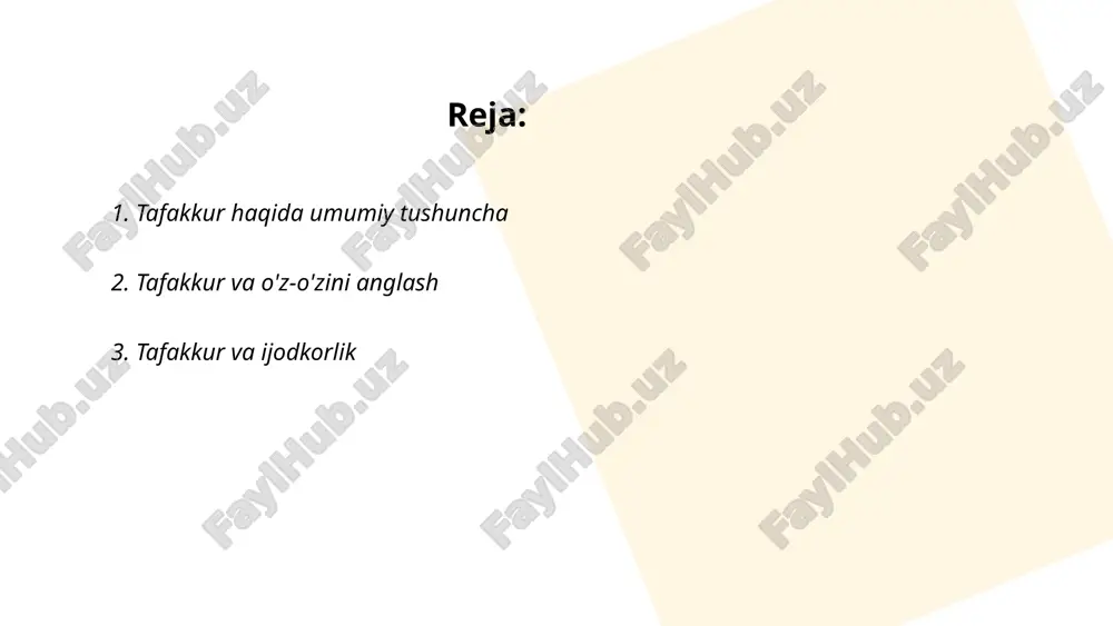 hug'ullanish stressni kamaytirib, muammolarni hal qilishda yordam beradi. miyani mashq qildirish orqali inson iq darajasini 10 foizgacha oshirish mumkin. tafakkur va ijodkorlikni yanada kuchaytirish uchun muntazam ravishda yangi ko‘nikmalarni o‘rganish va turli fikriy mashqlarni bajarish tavsiya etiladi. ... t.me/slaydai_bot 4. tafakkur va mantiqiy fikrlash tafakkur va mantiqiy fikrlash insonning ongli qarorlar qabul qilishida muhim rol o'ynaydi. tafakkur jarayoni har kuni insonning taxminan 70,000 gacha fikrlarini tashkil qiladi. aristotel mantiqiy fikrlashning asoschisi hisoblanadi va uning nazariyalari hozirgi zamon mantiqiy tizimlarida ham qo'llaniladi. inson miyasi bir sekundda 20 million bit axborotni qayta ishlash qobiliyatiga ega. mantiqiy fikrlash qobiliyatlari rivojlatirilishi mumkin va bunda matematik muammolar yechish, mantiqiy o'yinlar o'ynash, va muammoni tahlil qilish kabi mashqlardan foydalanish mumkin. turli tadqiqotlarga ko'ra, mantiqiy fikrlash qobiliyatini oshirish uchun kundalik ravishda yangi malakalarni o'rganish tavsiya etiladi. ... t.me/slaydai_bot tafakkur va diniy mushohada, yoki diniy meditatsiya, islomda muhim tushunchalardandir. u qur'onda "tafakkur" va "tadabbur" sifatida tilga olinadi. bu …