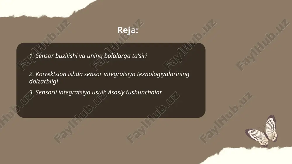 kognitiv qobiliyatlarni rivojlantirishda sezilarli natijalarga erishgan. shu bilan birga, texnologiya sohasidagi rivojlanish ham bu dolzarbligini orttirib, kelgusida ta'lim jarayonida yangi imkoniyatlar yaratishga xizmat qilmoqda. bu texnologiyalar yordamida maxsus ish usullari va mashg'ulotlar orqali keng qamrovli muammolar hal qilinadi. ... t.me/slaydai_bot sensorli integratsiya usuli sensorli tizimlar orqali keladigan ma’lumotlarni qabul qilish, tartibga solish va ularga javob berish quvvatini anglatadi. ushbu usul sensorli, vestibulyar va proprioseptiv tizimlar bilan bog'liq. asosiy tushunchalar quyidagilar: "sensory diet" - ma'lumotlarning izchil taqsimoti orqali muvozanatni saqlash, "tactile defensiveness" - ayrim sensorli ma'lumotlarga haddan tashqari sezgirlik va "gravitatsiyaga qarshi javob" - vestibulyar tizimdagi muammolar natijasida muvozanatning buzilishi. bu usul ko'pincha autizm spektridagi bolalar, add yoki adhd kabi muammolar uchun qo'llaniladi. sensorli integratsiya terapiyasi orqali bolalar atrof-muhit qiyinchiliklariga moslashishda yordam oladilar. ... t.me/slaydai_bot 4. sensor integratsiya terapiyasi tushunchasi sensor integratsiya terapiyasi (sit) bu nevrologik jarayonlarni yaxshilashga qaratilgan terapevtik yondashuv bo'lib, u hissiy kirish signallarini to'g'ri qayta ishlashga yordam beradi. …