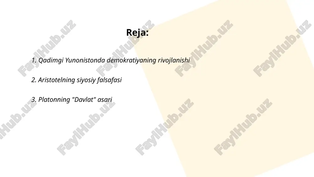 ariga oid masalalar yoritiladi. platon ushbu asarda fikrni sokrat obrazida ilgari surib, hukmfarmoniya va bilim idealini ta'kidlaydi. uch asosiy sinf: hukmdorlar, qo'riqchilar va ishlab chiqaruvchilar haqida so'z yuritilgan. platonning maqsadi adolatli jamiyatni shakllantirish bo'lib, aql-idrok va bilim asosida davlat boshqaruvini tasvirlaydi. asar platonning siyosiy falsafasini aks ettirib, millat va davlat tuzilmasidagi roli muhim deb biladi. ... t.me/slaydai_bot 4. yunoniston shahar-davlatlari va ularning siyosiy tuzilishi 4. yunonistonning shahar-davlatlari miloddan avvalgi viii-vi asrlarda paydo bo'lgan. ular orasida afina, sparta, korinf va tebalar eng mashhur edi. har bir shahar-davlat (polis) o'ziga xos siyosiy tuzilmaga ega edi. afina - demokratiya, unda barcha erkin fuqarolar qaror qabul qilishda qatnashgan. spartada esa harbiy aristokratiya hukmronlik qilgan; ikki shoh va 28 keksa erkakdan iborat gerusiya kengashi asosiy siyosiy vazifalarni bajargan. korinf savdo-sotiq va hunarmandchilik bilan rivojlangan, va uning boshqaruvi oliy kengashning nazoratida edi. teba esa kuchli harbiy qudratga ega bo'lib, bo'linma demokratiya tizimiga ega edi. rim respublikasi …