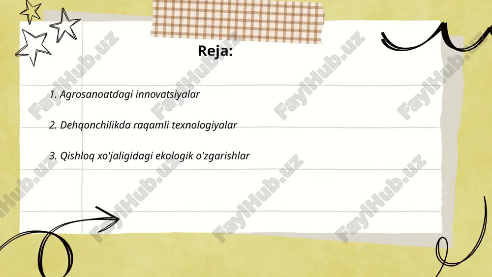 sildorlik 15-25% ga ortishi mumkin. bu jarayonlar ekinlarning zararli omillar ta'siridan himoya qilishga ham xizmat qiladi. ... t.me/slaydai_bot qishloq xo'jaligidagi ekologik o'zgarishlar markaziy osiyoda jiddiy masalaga aylanmoqda. so'nggi yillarda, o'zbekistonda sug'orish tizimlarining yangilanmaganidan kelib chiqib, suv resurslarining 20-30% yo'qotilishi kuzatildi. qishloq xo'jaligi yerlarining 50% dan ortig'i sho'rlanish muammosiga duch kelmoqda. atmosfera chiqindilari tufayli har yili o'tloq yerlarda 1-2% ekotizim yo'qotilmoqda. 2010-2020 yillarda ekin yerlarining biologik ishlab chiqarishi 15% kamaydi. biroq, ekologik toza usullarni qo'llash orqali hosildorlikni 10-20% ga oshirish mumkinligi aniqlangan. ushbu o'zgarishlar, qishloq xo'jaligida barqaror amaliyotlarni kengroq joriy etishni talab qiladi. ... t.me/slaydai_bot 4. oziq-ovqat xavfsizligi strategiyalari oziq-ovqat xavfsizligi strategiyalari oziq-ovqat mahsulotlarini ishlab chiqarishda, saqlashda va tarqatishda xavfsizlik standartlarini ta'minlashga qaratilgan choralarni o'z ichiga oladi. jahon sog'liqni saqlash tashkiloti (who) ma'lumotlariga ko'ra, dunyoda har yili taxminan 600 million kishi ifloslangan oziq-ovqat sababli kasallanadi. strategiyalar orasida gigiena qoidalariga rioya qilish, sifat nazorati tizimlarini joriy etish va ta'lim dasturlarini tashkil qilish …