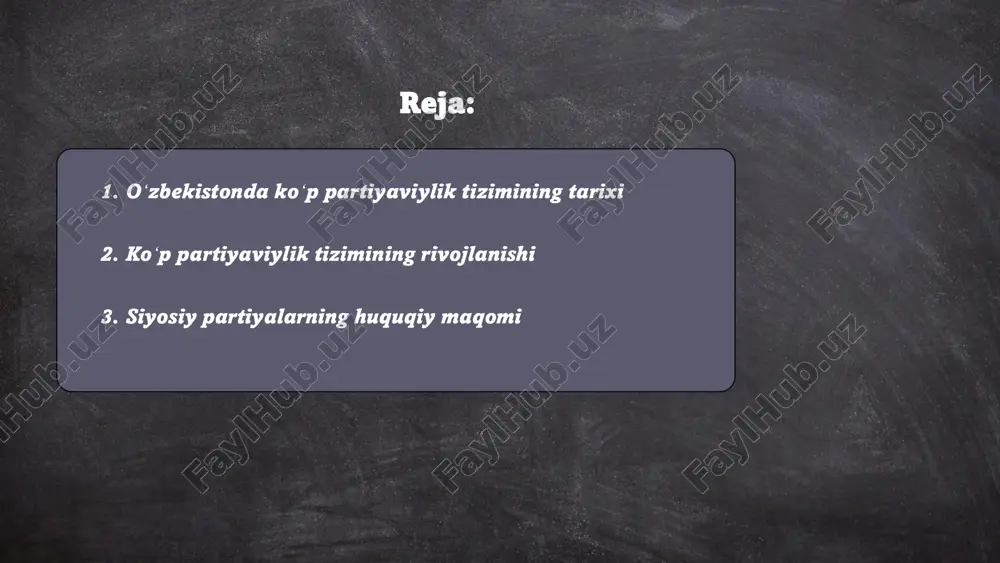 siy partiyalar davlat ro'yxatidan o'tkazilib, o'z huquqiy maqomiga ega bo'lgan subyektlar hisoblanadi. ular o'zbekiston respublikasi siyosiy partiyalar to'g'risidagi qonuniga muvofiq faoliyat yuritadi. siyosiy partiyalar fuqarolarning siyosiy irodasini shakllantirish, ularni jamiyat va davlat boshqaruviga jalb etish maqsadida tashkil etiladi. 2023 yil holatiga ko'ra, mamlakatda beshta yirik siyosiy partiya faoliyat yuritadi: o’zlidep, o’zxdp, milliy tiklanish, ekologik partiya va adolat sotsial-demokratik partiyasi. har bir partiya o'z ustaviga ega bo'lib, faoliyatida qonunchilikka amal qiladi. siyosiy partiyalar davlat xavfsizligini saqlash va mustahkamlashda ishtirok etadi. ... t.me/slaydai_bot 4. oʻzbekiston siyosiy tizimidagi partiyalarning roli oʻzbekiston siyosiy tizimi koʻp partiyaviylik tamoyiliga asoslangan. amaldagi siyosiy partiyalar orasida oʻzbekiston liberal-demokratik partiyasi, oʻzbekiston xalq demokratik partiyasi, oʻzbekiston milliy tiklanish demokratik partiyasi, adolat sotsial-demokratik partiyasi va ekologik partiya faoliyat yuritadi. oʻzbekiston liberal-demokratik partiyasi hukmron partiya hisoblanadi va 2019-yilda boʻlib oʻtgan parlament saylovlarida 150 ta deputatlik oʻrnidan 53 tasini qoʻlga kiritdi. parlamentning quyi palatasi oliy majlisda partiyalar milliy siyosat, iqtisodiy rivojlanish va ijtimoiy …