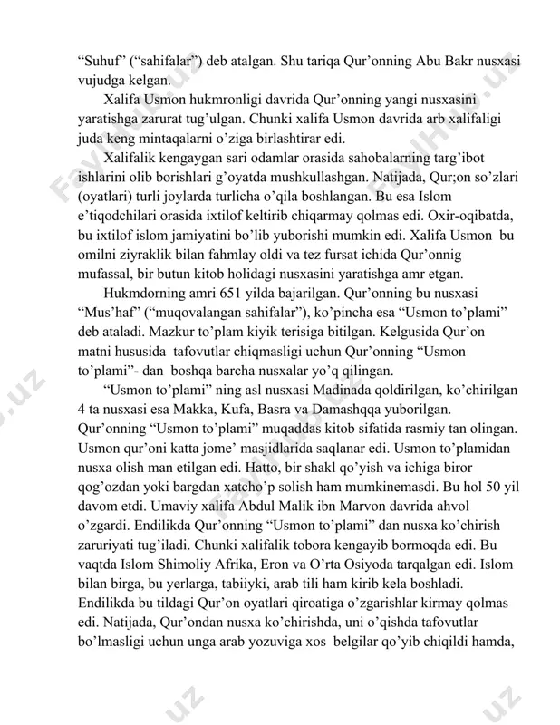 kengaygan sari odamlar orasida sahobalarning targ’ibot ishlarini olib borishlari g’oyatda mushkullashgan. natijada, qur;on so’zlari (oyatlari) turli joylarda turlicha o’qila boshlangan. bu esa islom e’tiqodchilari orasida ixtilof keltirib chiqarmay qolmas edi. oxir-oqibatda, bu ixtilof islom jamiyatini bo’lib yuborishi mumkin edi. xalifa usmon bu omilni ziyraklik bilan fahmlay oldi va tez fursat ichida qur’onnig mufassal, bir butun kitob holidagi nusxasini yaratishga amr etgan. hukmdorning amri 651 yilda bajarilgan. qur’onning bu nusxasi “mus’haf” (“muqovalangan sahifalar”), ko’pincha esa “usmon to’plami” deb ataladi. mazkur to’plam kiyik terisiga bitilgan. kelgusida qur’on matni hususida tafovutlar chiqmasligi uchun qur’onning “usmon to’plami”- dan boshqa barcha nusxalar yo’q qilingan. “usmon to’plami” ning asl nusxasi madinada qoldirilgan, ko’chirilgan 4 ta nusxasi esa makka, kufa, basra va damashqqa yuborilgan. qur’onning “usmon to’plami” muqaddas kitob sifatida rasmiy tan olingan. usmon qur’oni katta jome’ masjidlarida saqlanar edi. usmon to’plamidan nusxa olish man etilgan edi. hatto, bir shakl qo’yish va ichiga biror qog’ozdan yoki bargdan …