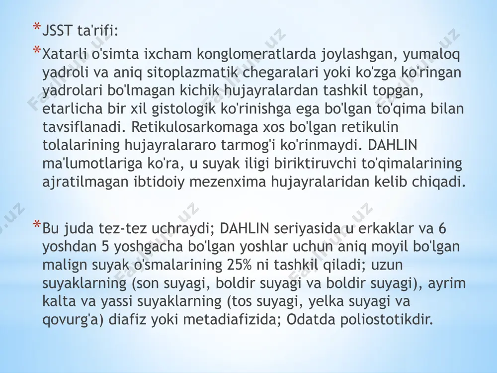 eyarli har doim radiografik tasvirdan ko'ra ko'proq suyakka kirib boradi; o'pka va boshqa suyaklarga metastazlar beradi (ba'zilari ko'p markazli kelib chiqishi haqida o'ylashadi). mikroskopik: vakuolyar protoplazmali, tiniq va kam, yadrolari ko'p bo'lgan, yumaloq yoki oval, limfotsitlar yadrosidan ikki baravar katta va muntazam va bir hil tartibga ega bo'lgan ko'p hujayralar; osteogen tendentsiya ham, gigant hujayralar ham yo'q, hujayralararo stroma yo'q, u juda qon tomirlashgan, ba'zida gemorragik o'choqlar kuzatiladi. schajowycz shuni ko'rsatdiki, ewing o'simta hujayralarida sitoplazmada mo'l-ko'l donador shaklda saqlanadigan glikogen bor, bu retikulosarkomada mavjud emas. davolash u juda radiosensitiv, retikulosarkoma va neyroblastoma bilan aralashadi; yuqori dozalarda (4000 dan 6000 rad) foydalangan holda butun suyakning radiatsiya terapiyasi bilan birgalikda intensiv qo'shni poliximoterapiya natijalarni yaxshilaydi; ammo, hozirgi vaqtda jarrohlik davolashni (amputatsiyani) ketma-ket nurlanish bilan yoki usiz poliximoterapiya bilan birgalikda asosiy davolash sifatida jiddiy ko'rib chiqish tavsiya etiladi. yuing sarkomasi haqida umumiy ma'lumot muhim fikrlar ewing sarkomasi - suyak yoki yumshoq to'qimalarda hosil …
