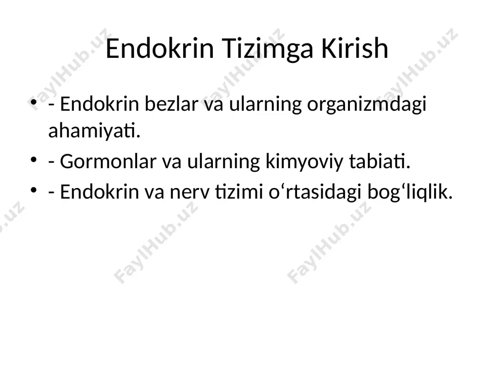 gormonlarning metabolizmga ta’siri. - gormonlarning qarish jarayonidagi roli. gormonlarning diagnostikasi - qon va siydikda gormonlarni o‘lchash usullari. - diagnostik testlar: tsh, kortizol, paratgormon darajalari. profilaktika va davolash - sog‘lom ovqatlanish va stressni boshqarish. - gormonal terapiya va jarrohlik amaliyotlari. xulosa va savollar - endokrin tizimning organizmdagi markaziy roli. - sog‘lom turmush tarzi va gormonal muvozanat. - savollar va javoblar uchun vaqt. qalqonsimon bez gormonlari - t3 (triiodtironin) va t4 (tiroksin): - energiya ishlab chiqarish va sarflanishini boshqaradi. - nerv tizimi va yurak-qon tomir tizimiga ta’sir qiladi. - hujayralar o‘sishi va bo‘linishini ta’minlaydi. - kaltsitonin: - qon kalsiy miqdorini pasaytiradi. - suyaklarda kalsiy to‘planishini kuchaytiradi. - kasalliklar: - gipotiroidizm: energiya darajasining pasayishi, vazn ortishi. - gipertiroidizm: yurak urishining tezlashishi, vazn yo‘qotish. qalqon oldi bezlari - tuzilishi va joylashuvi: - qalqonsimon bezning orqa tomonida joylashgan 4 ta kichik bez. - paratgormon (pth): - qon kalsiy va fosfor muvozanatini boshqaradi. - ichakda kalsiy …
