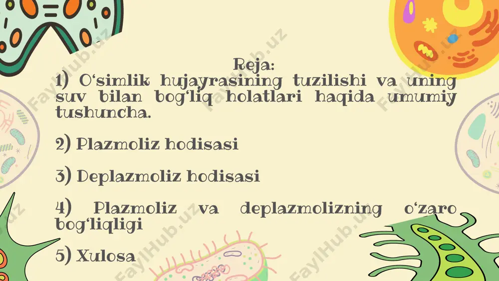 hujayra ichi bo‘shashadi. deplazmoliz hodisasi deplazmoliz – bu plazmoliz jarayonining teskari ko‘rinishidir. ya’ni, hujayra gipotonik eritmaga (masalan, toza suvga) tushirilganda suv yana hujayraga kiradi, vakuola kattalashadi, plazmatik membrana yana hujayra devoriga yopishadi va hujayra turgor holatiga qaytadi. bu jarayon hujayraning tirikligini aniqlashda muhim tajriba sifatida ishlatiladi. agar deplazmoliz sodir bo‘lsa – demak, hujayra tirik; agar u yuz bermasa – hujayra nobud bo‘lganini bildiradi. deplazmoliz o‘simliklarning suvni o‘zlashtirish mexanizmini tushunishda, ayniqsa, suv yetishmovchiligi sharoitida o‘simliklarning bardoshliligini baholashda muhimdir. u nafaqat suv almashinuvi, balki ionlar va oziq moddalarning hujayraga kirish jarayonini ham aks ettiradi. plazmolizning uch turi mavjud: vakuolyar plazmoliz – plazmatik membrana devordan qisman ajraladi, lekin vakuola mavjud bo‘lib qoladi. konkav plazmoliz – protoplast bir necha joyda devordan ajraladi. konkav-konveks plazmoliz – kuchli suv yo‘qotilishi natijasida protoplast to‘liq ajraladi. bu hodisa o‘simliklarning suv tanqisligi, sho‘rlanish yoki issiqlik ta’sirida suvni yo‘qotish jarayonlarini tushunishda muhim ilmiy asos bo‘lib xizmat qiladi. shuningdek, o‘simliklarning suvga …