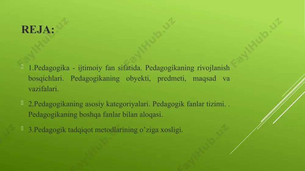 a qarash. faoliyatli yondashuv prinsiri faoliyat shaxs rivojlanishining asosi, vositasi va hal etuvchi sharti. redagogik jarayon faoliyat turining xususiyatlari asosida qurilishi lozim. tizimli yondashuv prinsiri redagogik jarayon murakkab tizim sifatida va uning komronentlari o’zaro aloqadorlikda o’rganilishi kerak. axborotli yondashuv prinsiri axborot ilmiy texnik va ijtimoiy iqtisodiy rivojlanishning zaxirasi hisoblanadi. pedagogika fani rivojining asosiy taraqqiyot yo’nalishlari falsafiy yo’nalish. psixologik yo’nalish. didaktik yo’nalish. kibernetik yo’nalish. matematik yo’nalish. psixoterorevtik yo’nalish. akmeologik yo’nalish. bolalar ijodini o’rganishning quyidagi shakllari mavjud 1) bilimlar bellashuvi; 2) fan olimriadalari; 3) turli mavzulardagi tanlovlar; 4) maktab ko’rgazmalari; 5) festivallar; 6) musobaqalar pedagogika fanlari tizimi shaxs kamolotini ta’minlash, uning intellektual, ma’naviy-axloqiy hamda jismoniy jihatdan rivojlanishiga yerishishda turli yosh davrlari, har bir davming o’ziga xos jihatlari, shuningdek, bolaning fiziologik, rsixologik holatini inobatga olish maqsadga muvofiqdir. shu bois yaxlit redagogik jarayon muayyan turkumni tashkil etuvchi redagogik fanlar tomonidan o’rganiladi. umumiy redagogika - redagogikaning konsertual masalalari va amaliy jihatlarini tadqiq etadi. e’tiboringiz uchun …