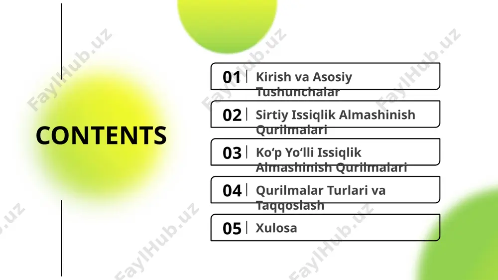 ati almashinish samaradorligiga ta’sir qiladi. toza va yaxshi o‘tkazuvchan sirtlar samarali almashinishni ta’minlaydi. sirtiy qurilmalar qo‘llanilishi 01 xom-ashyo isitish sirtiy issiqlik almashinish qurilmalari xom-ashyo, distillyat va reagentlarni isitish yoki sovutishda ishlatiladi. ularning asosiy afzalligi — issiqlik uzatuvchi agentlarning aralashmasi va nazorat qilinadigan almashinish jarayoni. 02 regeneratsiya bu qurilmalar regeneratsiya jarayonlarida ham qo’llaniladi. issiqlikni saqlash va qayta ishlatish imkoniyatini beradi. 03 sanoat sohalari sirtiy qurilmalar kimyo, energetika va oziq-ovqat sanoatlari kabi sohalarda keng qo’llaniladi. ular texnologik jarayonlarni samarali o‘tkazishda muhim ahamiyatga ega. 03 ko‘p yo‘lli issiqlik almashinish qurilmalari ko‘p yo‘lli qurilma tuzilishi tuzilish ko‘p yo‘lli issiqlik almashinish qurilmalari bir nechta truba yo‘llari orqali ishlaydi. bu qurilmalar gorizontal yoki vertikal ravishda o‘rnatiladi va suyuqliklar tezligi yuqori bo‘lgan jarayonlarda ishlatiladi. murakkab tuzilish ularning tuzilishi murakkabroq bo‘lib, yuqori samaradorlikka ega. bir nechta yo‘llar orqali almashinish jarayoni intensivlashadi. ko‘p yo‘lli almashinish mexanizmi issiqlik almashinish bu qurilmalarda issiqlik uzatuvchi agentlar turli yo‘llarda harakatlanadi. har bir yo‘lda …