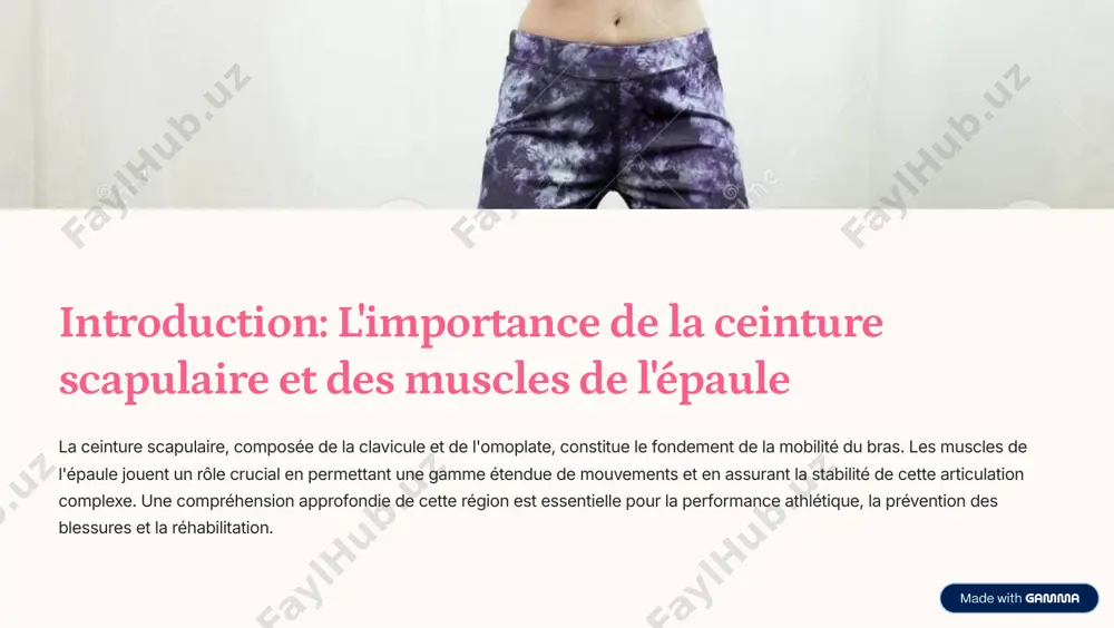 l'épaule. supra-épineux: initiateur de l'abduction (lever le bras). infra-épineux: rotation externe du bras. petit rond: rotation externe du bras et adduction. subscapulaire: rotation interne du bras. ces muscles travaillent ensemble pour stabiliser la tête de l'humérus dans la cavité glénoïde et permettre des mouvements fluides. le renforcement de la coiffe des rotateurs est crucial pour prévenir les blessures à l'épaule. https://gamma.app/?utm_source=made-with-gamma autres muscles clés de l'épaule au-delà de la coiffe des rotateurs, d'autres muscles contribuent significativement à la force et à la mobilité de l'épaule. deltoïde le muscle le plus volumineux de l'épaule, responsable de la plupart des mouvements d'élévation et de rotation du bras. trapèze un grand muscle du dos qui s'étend jusqu'à la nuque, il élève, abaisse et fait pivoter l'omoplate, soutenant ainsi les mouvements de l'épaule. rhomboïdes situés sous le trapèze, ils tirent les omoplates vers la colonne vertébrale, jouant un rôle vital dans la posture et …
