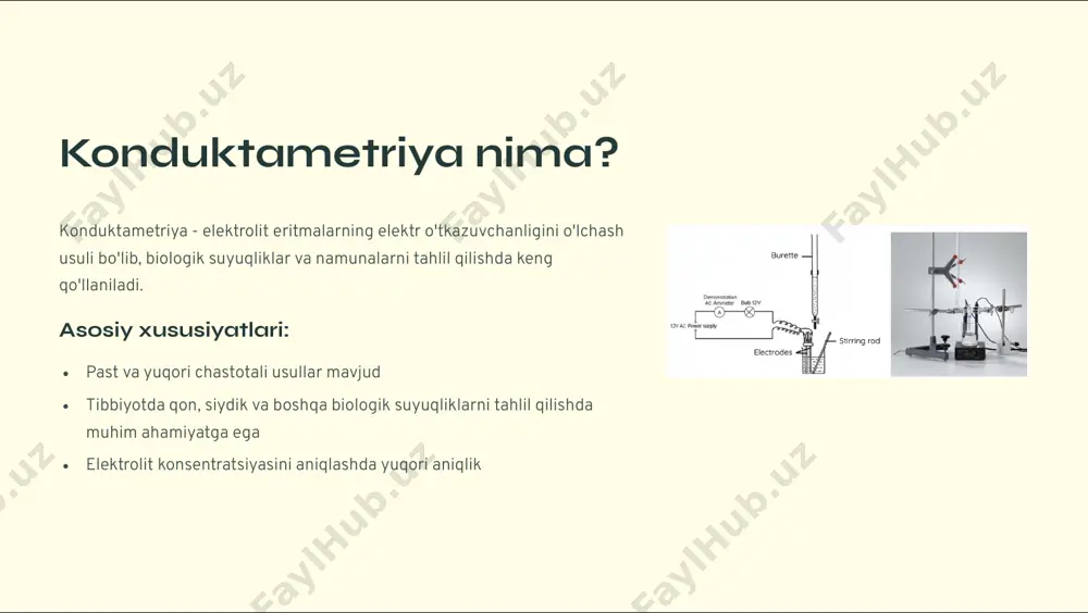 ish zamonaviy qurilmalarda to'liq avtomatlashtirish va aniq monitoring imkoniyati ta'minlangan. real vaqt rejimida natijalar. konduktametriyaning cheklovlari 1 selektivlik muammosi ba'zan selektivlik pastligi sababli aralashmalar ta'siri bo'lishi mumkin. murakkab aralashmalarni ajratish qiyin. 2 konsentratsiya xatoliklari yuqori konsentratsiyali eritmalarda xatoliklar yuzaga kelishi ehtimoli mavjud. o'lchash diapazoniga rioya qilish zarur. 3 elektrod polyarizatsiyasi elektrodlarning polyarizatsiyasi bilan bog'liq texnik muammolar vaqti-vaqti bilan yuzaga kelishi mumkin. muhim: ushbu cheklovlarni zamonaviy texnologiyalar va to'g'ri metodologiya qo'llash orqali kamaytirish mumkin. zamonaviy tibbiyotda konduktametriya klinik laboratoriyalar elektrolit tahlilida keng qo'llanilmoqda real vaqt monitoringi suv va elektrolit muvozanatini baholash yangi texnologiyalar avtomatlashtirilgan qurilmalar aniqligini oshirmoqda misol: siydik tahlilida konduktametriya buyrak kasalliklari diagnostikasi siydikdagi elektrolitlar o'zgarishi buyrak kasalliklari diagnostikasida muhim ko'rsatkich hisoblanadi. asosiy ko'rsatkichlar: umumiy o'tkazuvchanlik o'lchovi elektrolit konsentratsiyasi tahlili patologiyalarni erta aniqlash davolash samaradorligini kuzatish konduktametriya siydikning umumiy o'tkazuvchanligini o'lchab, turli patologiyalarni aniqlashga yordam beradi. konduktametri ya - tibbiyotning kelajak vositasi 3-5 soniya tahlil natijasini olish vaqti 98% aniqlik …