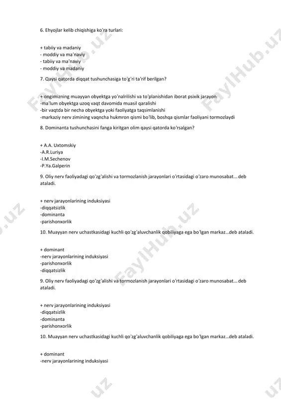 o munosabat… deb ataladi. + nerv jarayonlarining induksiyasi -diqqatsizlik -dominanta -parishonxotirlik 10. muayyan nerv uchastkasidagi kuchli qo’zg’aluvchanlik qobiliyatiga ega bo’lgan markaz…deb ataladi. + dominant -nerv jarayonlarining induksiyasi -parishonxotirlik -diqqatsizlik 11. nerv jarayonlarining induksiyasi qonuni qaysi olim tomonidan kashf qilingan? + i.p.pavlov -a.a.uxtomskiy -a.r.luriya -d.b. nebilisin 12. … deb oldindan belgilangan qat’iy bir maqsad asosida va ongli ravishda diqqatimizni ma’lum narsa hamda hodisalarga qaratilishiga aytiladi. + ixtiyoriy -ixtiyorsiz -ixtiyoriydan keyingi diqqat -diqqat tanqisligi 13. diqqatning ko’lami qaysi asbob yordamida o’lchanadi? + taxistoskop -varometr -manometr -sekundomer 14. agar diqqatimiz faqat bitta obyektga qaratilishi… + diqqatning konsentrasiyasi -diqqatning bo’linuvchanligi -diqqatning ko’lami -diqqatning taqsimlanganligi 15. diqqatning ko’lami qaysi asbob yordamida o’lchanadi? [bookmark: _goback] + taxistoskop -varometr -manometr -sekundomer