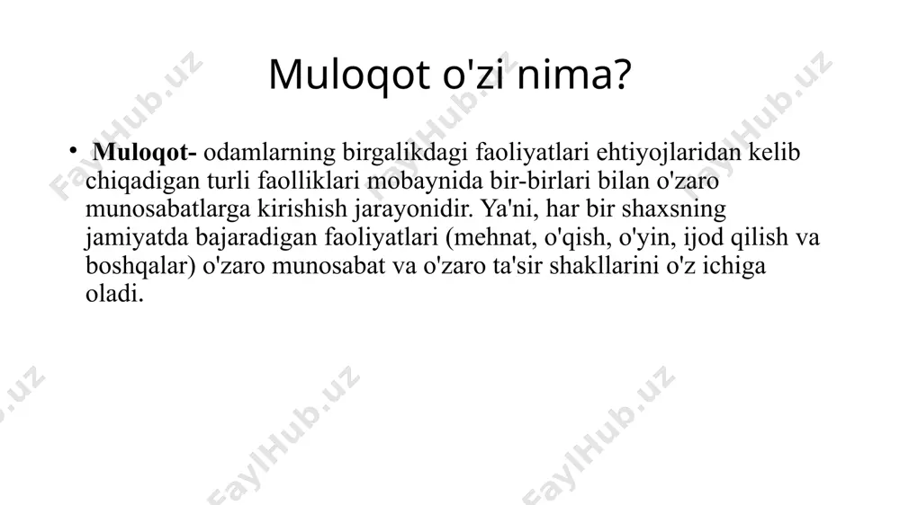m jarayonidagi yoki konkret topshiriqni bajarish jarayonida guruh a'zolarining muloqoti); shaxsiy muloqot (bir shaxsning boshqa shaxs bilan o'z muammolarini ochish maqsadida o'rnatgan munosabatlari); pedagogik muloqot (pedagogik jarayonda ishtirok etuvchilar o'rtasida amalga oshiriladigan murakkab o'zaro ta'sir jarayoni) turlari farqlanadi. ) muloqotning psixologik tizimi va vazifalari g.m. andreeva muloqotning quyidagi psixologik tuzilishini taklif etadi: 1. muloqotning kommunikativ tomoni (ya'ni muloqotga kirishuvchilar o'rtasidagi ma'lumotlar almashinuvi jarayoni). 2. muloqotning interaktiv tomoni (ya'ni muloqotga kirishuvchi tomonlarning xulq-atvorlariga ta'sir jarayoni). 3. muloqotning perseptiv tomoni (ya'ni muloqotga kirishuvchi tomonlarning bir-birlarini idrok etishlari va tushunishlari bilan bog'lik bo'lgan murakkab psixologik jarayon). muloqot funktsiyalari masalan, taniqli rus olimi b.f. lomov muloqotning funktsiyalariga quyidagilarni kiritadi: a) ma'lumotlar almashinuvi funktsiyasi; b) xulq-atvorni boshqaruv funktsiyasi; v) hissiyotlar almashinuvi. o'qituvchi va o'quvchi o'rtasidagi muloqot izlanishlarning ko'rsatishiga pedagogning o'quvchilarga nisbatan bo'lgan ijobiy munosabati, ularga tiniq, bosiq tonda murojaat qilishi o'quvchilarda erkinlikni his qilishda yordam beradi. o'quvchilarga noto'g'ri munosabatda bo'lish ularda ishonchsizlik kam gap bo'lishiga, …