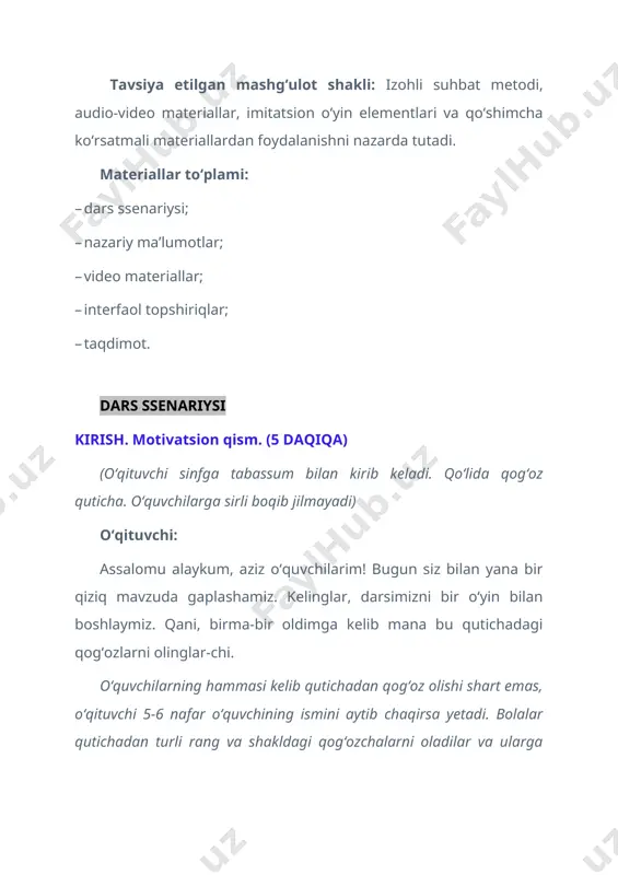 dilar va ularga yozilgan soʻzni oʻqiydilar. hamma qogʻozchaga bir xilda “bagʻrikenglik” soʻzi yozilgan boʻladi. bolalar hayron. oʻqituvchi tushuntiradi. oʻqituvchi: koʻrdingizmi, bolalar. qogʻozlarimizning rangi va shakli qanday boʻlishidan qatʼiy nazar, ularda bir xil mazmundagi soʻz yozilgan. atrofimizdagi odamlar ham shunday – ularning tanasi rangi, yoshi, jinsi, mavqei, millati qanday boʻlishidan qatʼiy nazar yuragi bir xil, ular barchasi ich-ichidan bir-biriga oʻxshash insonlardir. demak, bugun sizlar bilan “bagʻrikenglik” degan mavzuda suhbatlashamiz. oʻqituvchi doskaga katta qilib mavzuni yozadi – “bagʻrikenglik” asosiy qism (25 daqiqa) oʻqituvchi: bagʻrikenglik degani nima oʻzi? bagʻir qayerda joylashgan? bagʻrikeng odamning bagʻri qanday boʻladi? oʻqituvchi quchogʻini keng ochib bolalarga yuzlanadi. oʻqituvchi: mana bundaymi? mana men bagʻrimni keng ochyapman. men sizlarning barchangizga bilganlarimni teng oʻrgatyapman. senga oʻrgatib, unga oʻrgatmayman demayapman. chunki sizlar hammangiz mening oʻquvchilarimsiz. ana endi savolimga javob bering-chi, bagʻrikeng odamlar qanday kishilar boʻladi? oʻquvchilar: yaxshi, mehribon, qizgʻanchiqlik qilmaydigan va hokazo. oʻqituvchi: toʻgʻri, bagʻrikenglik nimani anglatadi? (oʻqituvchi doskaga quyidagi 5 ta …
