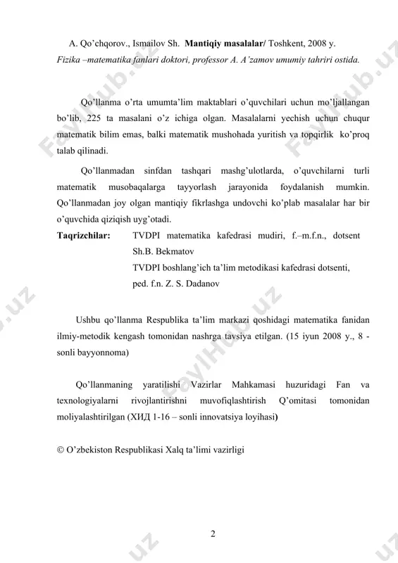 a va 4 ga bo’linuvchi eng katta sonni toping. 7. hamma raqamlardan tuzilgan a) 5 ga bo’linuvchi; b) 20 ga bo’linuvchi eng kichik sonni toping. 8. - ifodaga qavslarni qo’yib a) 50 sonini; b) mumkin bo’lgan eng kichik sonni hosil qiling. 4 12 18 : 6 3⋅ + + 9. 88888888 yozuvda raqamlar orasiga (+) ishorasini qo’yib, 1000 sonini hosil qiling. 10. yigirmata besh raqami yonma-yon yozilgan: 555...5. shu raqamlardan ba’zilarining orasiga (+) ishorasini qo’yib, 100 sonini hosil qiling. 11. ifodada qavslarni natija a) eng kichik; b) eng katta bo’ladigan qilib qo’ying. 1: 2 : 3 : 4 :5 : 6 : 7 :8 : 9 12. birlar xonasidagi raqamdan etti marta katta bo’lgan butun sonni toping. 13. uch xonali son 4 raqami bilan boshlanadi. agar bu raqamni soning 3 oxiriga o’tkazsak, berilgan sonning 3/4 qismiga teng bo’lgan son hosil bo’ladi. berilgan sonni toping. 14. raqamlari o’rnini almashtirganda 4,5 marta …