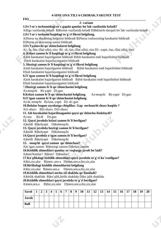 arni belgilang a) –la,-lan,-illa(-ulla),-sira b) –di,-lan,-illa(-ulla),-sira d) –yapti,-lan,-illa(-ulla),-sira 19.fe`l so`z turkumi haqidagi to`g`ri fikrni belgilang. a)narsa va shxshning belgisini bildiradi b)narsa vashaxsning harakatini bildiradi d)narsa va shaxsning sonini bildiradi 20.fe`l so`z turkumidagi so`z gapda qanday bo`lak vazifasida keladi? a)ega vazifasida keladi b)kesim vazifasida keladi d)ikkinchi darajali bo`lak vazifasida keladi savol 1 2 3 4 5 6 7 8 9 10 11 12 13 14 15 16 17 18 19 20 javob ball 4-sinf.ona tili 4-chorak.yakuniy test fio________________________________________________________________________ 2- variant 1.fe`l so`z turkumidagi so`z gapda qanday bo`lak vazifasida keladi? a)ega vazifasida keladi b)kesim vazifasida keladi d)ikkinchi darajali bo`lak vazifasida keladi 2.fe`l so`z turkumi haqidagi to`g`ri fikrni belgilang. a)narsa va shxshning belgisini bildiradi b)narsa vashaxsning harakatini bildiradi d)narsa va shaxsning sonini bildiradi 3.fe`l yasovchi qo`shimchalarni belgilang a) –la,-lan,-illa(-ulla),-sira b) –di,-lan,-illa(-ulla),-sira d) –yapti,-lan,-illa(-ulla),-sira 4. kelasi zamon fe`li haqidagi to`g`ri fikrni belgilang a)ish harakatini bajarilganini bildiradi b)ish harakatini endi bajarilishini bildiradi d)ish harakatini bajarilayotganini …
