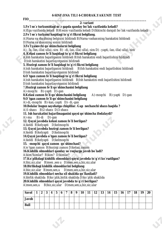 arni belgilang a) –la,-lan,-illa(-ulla),-sira b) –di,-lan,-illa(-ulla),-sira d) –yapti,-lan,-illa(-ulla),-sira 19.fe`l so`z turkumi haqidagi to`g`ri fikrni belgilang. a)narsa va shxshning belgisini bildiradi b)narsa vashaxsning harakatini bildiradi d)narsa va shaxsning sonini bildiradi 20.fe`l so`z turkumidagi so`z gapda qanday bo`lak vazifasida keladi? a)ega vazifasida keladi b)kesim vazifasida keladi d)ikkinchi darajali bo`lak vazifasida keladi savol 1 2 3 4 5 6 7 8 9 10 11 12 13 14 15 16 17 18 19 20 javob ball 4-sinf.ona tili 4-chorak.yakuniy test fio________________________________________________________________________ 2- variant 1.fe`l so`z turkumidagi so`z gapda qanday bo`lak vazifasida keladi? a)ega vazifasida keladi b)kesim vazifasida keladi d)ikkinchi darajali bo`lak vazifasida keladi 2.fe`l so`z turkumi haqidagi to`g`ri fikrni belgilang. a)narsa va shxshning belgisini bildiradi b)narsa vashaxsning harakatini bildiradi d)narsa va shaxsning sonini bildiradi 3.fe`l yasovchi qo`shimchalarni belgilang a) –la,-lan,-illa(-ulla),-sira b) –di,-lan,-illa(-ulla),-sira d) –yapti,-lan,-illa(-ulla),-sira 4. kelasi zamon fe`li haqidagi to`g`ri fikrni belgilang a)ish harakatini bajarilganini bildiradi b)ish harakatini endi bajarilishini bildiradi d)ish harakatini bajarilayotganini …