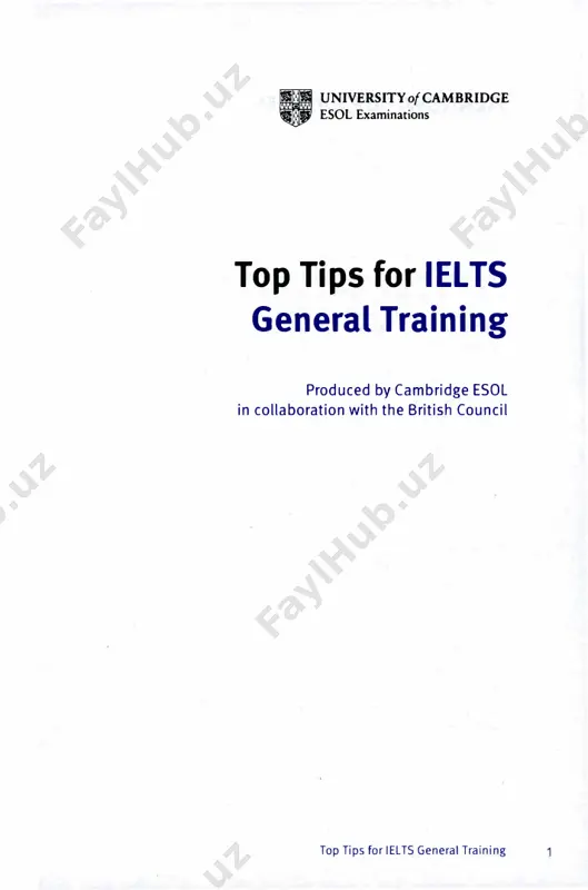aken against individuals and institutions who do not observe these copyright restrictions. first published 2009 4th printing 2014 printed in poland by opolgraf isbn: 978-1-906438-73-9 2 university of cambridge esol examinations contents introduction guide to ielts task types how to revise for ielts i the iel ts listening test l'r" the iel ts reading test l the ielts writing test 'n the ielts speaking test what to do on the day answer sheets understanding your ielts scores installing the cd-rom top tips for ielts 4 6 8 15 39 59 71 81 84 90 91 top tips for iel ts general training 3 top tips for ielts introduction top tips for /el ts is an essential part of your revision for the international english language testing system (ie:.. ts) test. each of the four main sections (listening, reading, writing and speaking) follows the same structure and is based on a …