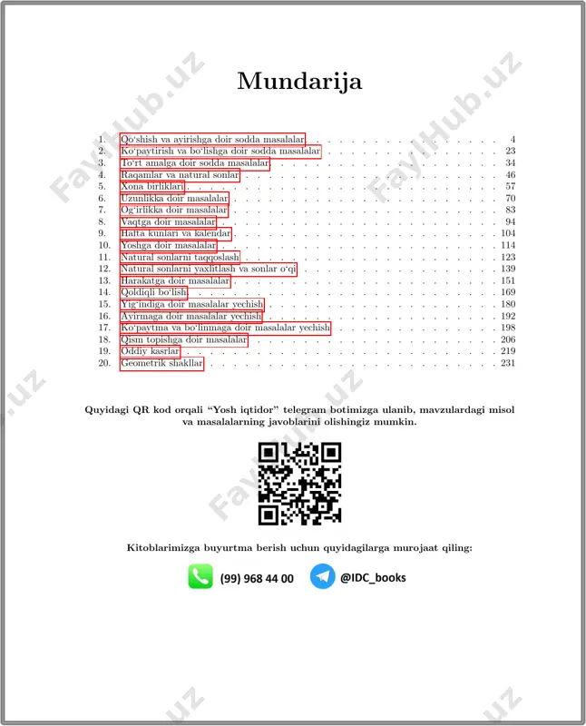 yatorda yunus bosgan tugmalar bilan bir xil o’rinda turgan tugmalarni bosdi. uning ukasi tomonidan topilgan natija bilan yunusning natijasi orasidagi farq nechaga teng? a) 12 b) 22 c) 27 d) 15 11 rasmdagi barcha doiralarda yozilgan sonlar yig’indisi 39 ga teng. sariq rangli doiralarga yozilgan sonlar yig’indisi bilan, yashil rangli doiralarga yozilgan sonlar yig’indisi o’zaro teng. ko’k rangli doira ichidagi sonni toping. a) 1 b) 3 c) 5 d) 7 12 quyida berilgan yig’indilardan qaysi biri boshqasidan katta? a) 2+0+24+20+2+5 b) 20+24+2+0+2+5 c) 202+4+20+25 d) 20+242+0+2+5 13 har bir akvariumda 4 tadan raqam yozilgan sharlar bor. qaysi akvariumdagi raqamlar yig’indisi eng katta? ©intelligence development center(t.me/idcuz) 21 http://t.me/idcuz 11. natural sonlarni taqqoslash 19 (*) quyida berilgan 7 ta rangli to‘g‘ri to‘rtburchaklarning har biri qandaydir noldan farqli raqamni bildiradi. bunda bir xil rangli to‘g‘ri to‘rtburchaklar bir xil raqamni, har xil rangli to‘g‘ri to‘rtburchaklar esa har xil raqamni anglatadi. nodir, sardor, hoshim va …