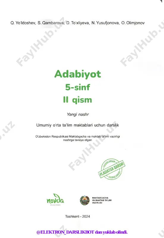 ar, yod oldirar edi. ba’zan nasriy “guliston"ni mutolaa qilsak, goho “bo‘ston" kabi she’riy asarlarni o'qir edik. men ayniqsa fariduddin attorning “mantiq ut-tayr” dostoniga alohida mehr qo'ydim. bu asarni takror-takror o'qir edim”1. navoiy turkiy va forsiyda birdek ijod qilib, ko'plab nazmiy, tarixiy va ilmiy asarlar yozgan. ular o'zbek va jahon adabiyoti xazinasining eng nodir namunalari hisoblanadi. alisher navoiy 1501-yili vafot etgan. mutolaadan oldin., biz siz bilan alisher navoiy qalamiga mansub “xamsa” dostonlarining birinchisi - “hayrat ul-abror”dan olingan hikoyatlar bilan tanishamiz. “hayrat ul-abror” yaxshi kishilarning hayratlanishi deganidir. 0‘ylab ko'ring qachondir yolg'on gapirganmisiz? nima uchun? rost gapirish osonmi yoki yolg'on gapirish? nima uchun? ’ alisher navoiy. lison ut-tayr. tabdil mualliflari: manzarabduixayr, abduhamid pardayev. - toshkent: yangi asr avlodi, 2019. alisher navoiy va sulton husayn boyqaro. rassom: n. qo'ziboyev @elektron_darslikbot dan yuklab olindi. tanishing: alisher navoiy ............................................................................................................................... 4^zavqli mutolaa sher va durroj (hikoyat)1 durrojning yolg‘onni chin o‘rnig‘a ayturidin hodisa domig'a tushgonida chin so‘zni sher …
