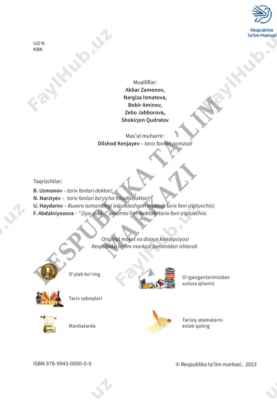 amir temur va temuriylar davrida iqtisodiy munosabatlar ikkinchi renessans asoschilari temuriylar davri me’morchiligi xattotlik va miniatyura temuriylar davrida hunarmandchilik alisher navoiy 76 94 87 100 112 117 127 132 137 146 149 159 163 169 172 178 183 186 respublik a ta’l im m arkazi so‘zboshi siz 7-sinf “o‘zbekiston tarixi” darsligida iv asr dan xiii asr boshlarigacha turon hududida kech- gan tarixiy jarayonlar bilan tanishgansiz. ajdodla rimiz barpo etgan ulkan madaniyat namunalaridan tortib, oddiy xo‘jalik hayotida erishgan kichik yu- tuqlarigacha bo‘lgan voqealar haqida tasavvur hosil qildingiz. ota-bobolarimiz tomonidan bun- yod etilgan davlatlarda g‘alabali yurishlar, shu bi- lan birga, ulkan yo‘qotishlarga boy mag‘lubiyatlar ham sodir bo‘lgan. bularning barchasi bizni tarix- dan xulosa chiqarishga, g‘alabalarga ergashishga va mag‘lubiyatdan to‘g‘ri saboq olishga o‘rgatadi. o‘tgan o‘quv yilida siz o‘zbekiston tarixi fanini “xorazmshoh-anushteginiylar davlati” mavzusi bilan yakunlagan edingiz. endi 8-sinfda mazkur davlat o‘rnida barpo etilgan ikkita yirik davlat ta rixi bilan yaqindan tanishasiz. bularning birinchisi …