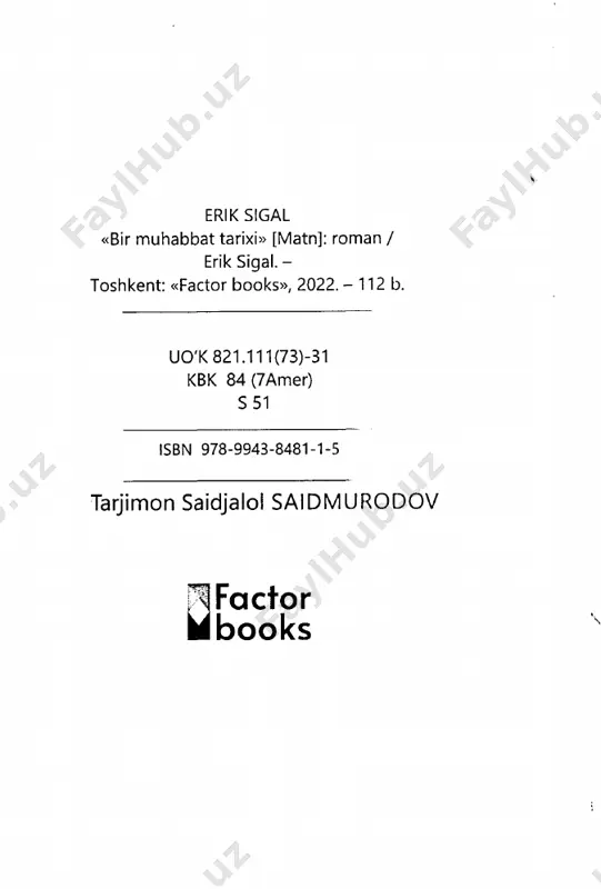 da oxirgi kursga o'tgach, redkliff kolleji kutubxonasiga serqatnov bo'lib qoldim. mohporalarga ko'z olaytirish uchun emas, albatta. lekin tan olishim kerak, jononlarga mubtalo bo'lishga suyagim yo'q. shunchaki kutubxona tinchgina maskan edi, hech kim meni tanimaydi, qolaversa, kitoblarni bemalol qo'lga kiritish mumkin. tarix fanidan navbatdagi imtihonga bor-yo'g'i bir kun qolgan, kaminayi kamtarin esa tavsiya etilgan ro'yxatdagi kitoblarning birinchisini ham ochib ko'rmagan edim - bu yog'ini so'rasangiz, harvard talabalariga tekkan kasallik. peshtaxta oldiga borib, galdagi kitobni olmoqchi bo'ldim. bu kitob ertangi imtihonda asqatishi aniq. kutubxonachi oypopuklar ikkita ekan. biri - mirzaterak, ko'rinishidan ashaddiy tennischi qizlarga o'xshaydi. narigisi esa ko'zoynakli do'lvori qiz. men to'rtko'z jiblajibonni tanladim. i bir muhabbat tarixi - sizlarda "o'rta asrlar tanazzuli" bormi? - deb so'radim. to'rtko'z menga sovuq nigoh tashladi: - o'zingizning kutubxonangiz yo'qmi? - hoy, menga qara, harvard talabalari redkliff kutubxonasidan bemalol foydalanishga haqlari bor. - men haq-huquq haqida og'iz ochmadim hali, chalamulla. odob-axloq to'g'risida gapiryapman. sizlarda kitoblar tog'-tog'. …