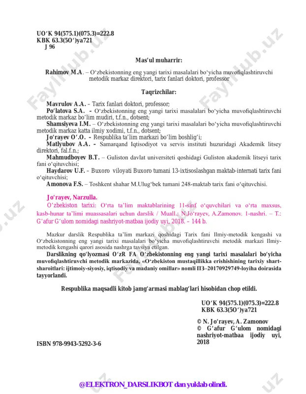 ‘zbekistonning eng yangi tarixi masalalari bo‘yicha muvofiqlashtiruvchi metodik markazida, «o‘zbekiston mustaqillikka erishishining tarixiy shart- sharoitlari: ijtimoiy-siyosiy, iqtisodiy va madaniy omillar» nomli pz–20170929749-loyiha doirasida tayyorlandi. respublika maqsadli kitob jamg‘armasi mablag‘lari hisobidan chop etildi. © n. jo‘rayev, a. zamonov © g‘afur g‘ulom nomidagi nashriyot-matbaa ijodiy uyi, 2018 @elektron_darslikbot dan yuklab olindi. 3 kirish xx asrning so‘nggi yillari va xxi asrning boshida o‘zbekiston tarixi uchun butunlay yangi sahifa ochildi. u tarixiy davr sifatida tub burilish hodisasini boshlab berdi. o‘zbekistonning sovet tizimi sharoitidagi oxirgi yillari va mustaqil taraqqiyot davri xalqimizning bir necha ming yillik tarixida o‘zining mazmuni, mohiyati, jarayonlarining tezkorligi, voqea-hodisalarning shiddatliligi bilan alohida ajralib turadi. darslikda o‘zbekistonning davlat mustaqilligiga erishishi, yangi jamiyatga o‘tish davrida siyosiy islohotlarning amalga oshirilishi, o‘zbekistonda huquqiy demokratik davlat qurilishi, fuqarolik jamiyatining shakllantirilishi, iqtisodiy islohotlarni chuqurlashtirishga doir tadbirlar, ma’naviy-ruhiy poklanish va milliy qadriyatlarning tiklanishi hamda o‘zbekistonning jahon hamjamiyatidan munosib o‘rin olishi kabi masalalar imkon qadar o‘z ifodasini topgan. ko‘p ming …