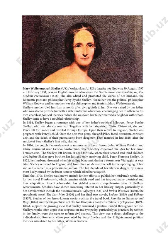 until the 1970s, shelley was known mainly for her efforts to publish her husband's works and for her novel frankenstein, which remains widely read and has inspired many theatrical and film adaptations. recent scholarship has yielded a more comprehensive view of shelley's achievements. scholars have shown increasing interest in her literary output, particularly in her novels, which include the historical novels valperga (1823) and perkin warbeck (1830), the apocalyptic novel the last man (1826) and her final two novels, lodore (1835) and falkner (1837). studies of her lesser-known works, such as the travel book rambles in germany and italy (1844) and the biographical articles for dionysius lardner's cabinet cyclopaedia (1829– 1846), support the growing view that shelley remained a political radical throughout her life. shelley's works often argue that cooperation and sympathy, particularly as practiced by women in the family, were the ways to reform civil society. this view was …