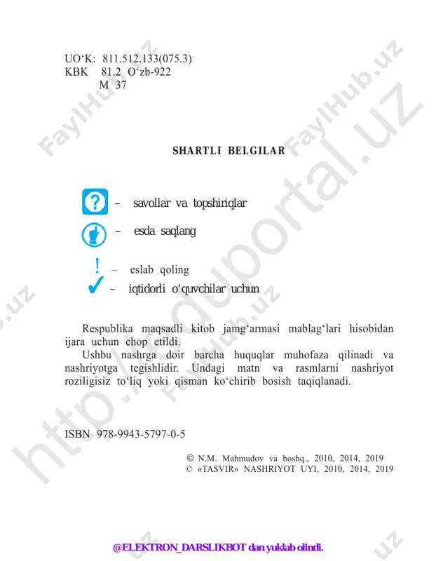 iz. ona tilimizning keng imkoniyatlarini o‘rganishda sizga omad yor bo‘lsin! htt p:/ /ed up ort al. uz @elektron_darslikbot dan yuklab olindi. 4 aytgil, do‘stim, nima qildik vatan uchun? boshing egib, ta’zim ayla, shukrona ayt, seni guldek erkalagan chaman uchun. osmonlarda yurgan bo‘lsang, tuproqqa qayt, aytgil, do‘stim, nima qildik vatan uchun? eldan ketib, el bo‘lganni kim biladi? don axtargan go‘shtxo‘rlarga yem bo‘ladi. dil qonasa, ona tuproq em bo‘ladi, aytgil, do‘stim, nima qildik vatan uchun? qachongacha qorning o‘ylab o‘tadirsan? qachongacha ko‘kdan chalpak kutadirsan? axir, vatan bitta, sen ham bittadirsan! aytgil, do‘stim, nima qildik vatan uchun? buncha bino qo‘yma zarrin choponlarga, saratonda yaproq bo‘lgin dehqonlarga. suyangani tayoq bo‘lgin cho‘ponlarga, aytgil, do‘stim, nima qildik vatan uchun? hech kimdan kam emassan, kam bo‘lmagaysan, yerda qolsang, oftob bo‘lib kulmagaysan, qachon belni mahkam tortib bog‘lagaysan? aytgil, do‘stim, nima qildik vatan uchun? shu soylarda suvlar urgil yuzingga sen, bir bor nazar solgin bosgan izingga sen, shu savolni berib …