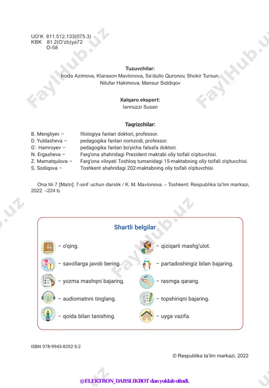 asmdagi belgilarga diqqat bilan qarang va savollarga javob bering. 1. ijtimoiy tarmoqlar nomini yozing va talaffuz qiling. namuna ‘‘telegram’’, ... 1. qaysi belgilar sizga tanish? ular haqida qanday ma’lumotga egasiz? 2. ijtimoiy tarmoqlarning hayotimizga ta’siri haqida fikr bildiring. 3. ijtimoiy tarmoqlardagi yozishmalarda muloqot odobi deganda nimani tushunasiz? 4. siz ham biror ijtimoiy tarmoqdan foydalanasizmi? javobingizni izohlang. bu mavzuda o‘rganamiz • ijtimoiy tarmoqlar va ulardan foydalanishga doir ko‘rsatmalar • axborot xavfsizligi • olinma so‘zlar imlosi • diagrammani tushunish • fikrni dalillar bilan asoslash. @elektron_darslikbot dan yuklab olindi. 6 berilgan diagramma bilan tanishing. uni matn ko‘rinishida yozing. yozishmalardagi xatoliklarni to‘g‘rilang, quyidagi qoliplardan birini tanlab, suhbatni yozing. muntazam ravishda yangilik- larni kuzatuvchilar yangilik saytlaridagi ayrim sa- hifalardan foydalanuvchilar tasodifiy kelgan xabarni ochib ko‘ruvchilar do‘stlaridan kelgan xabarni ochib ko‘ruvchilar biror mavzuga doir yangilik izlovchilar xaridor: ... sotuvchi: .. – ... . – ... .assalomu aleykum! kitob zakas qmoqchiydim alkimyogarga hop raxmat qachon opkelasila 09:30 …