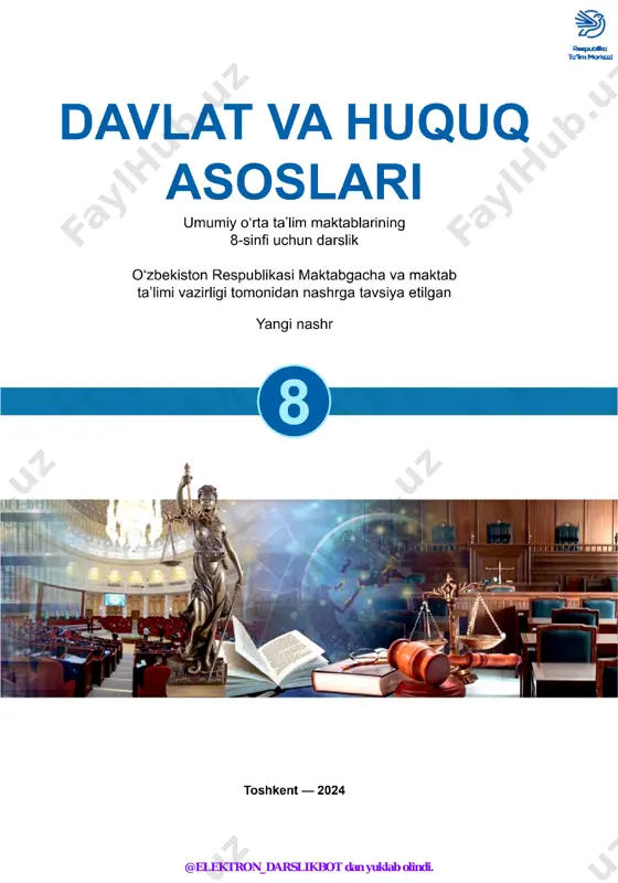ligida voyaga yetmaganlarning huquq va majburiyatlari........................... 95 29–30-dars. o‘zbekiston respublikasida voyaga yetmaganlarning javobgarligi .................. 100 31–32-dars. oila qonunchiligida voyaga yetmaganlarning huquq va majburiyatlari ..............................111 33-dars. mehnat qonunchiligida voyaga yetmaganlarning huquqlari...................... 116 34-dars. ijodiy faoliyat.......................................................... 120 ayrim yuridik atamalarning izohli lug‘ati ................................ 122 @elektron_darslikbot dan yuklab olindi. qadrli o‘quvchi! bugun yurtimizda barcha sohalarda, xususan, ijtimoiy-iqtisodiy hamda siyosiy ha- yotda olib borilayotgan keng ko‘lamli islohotlarning guvohi bo‘lyapsiz. ayni paytda dunyoda ijtimoiy-iqtisodiy munosabatlarning muttasil o‘zgarib borishi hamda integratsi- yalashuvi, tibbiyot va raqamli texnologiyalarning jadal rivoji barcha fanlar uchun yuksak mas’uliyat yuklaydi. jumladan, huquqshunoslik sohasi ham bundan mustasno emas. insoniyat hamisha o‘z huquq va erkinliklarini tizimli hamda samarali himoya qilishga ehtiyoj sezgan. demak, mazkur huquq va erkinliklarni yetarli darajada himoya qila olish madaniyatini shakllantirish davlat va huquq asoslari fani zimmasiga tushishi tabiiy hol. qo‘lingizdagi darslik sizga huquqshunoslikka oid dastlabki bilimlarni berishga xizmat qiladi. ya’ni davlat va huquq asoslari fani siz uchun huquqshunoslikning nihoyatda boy, …