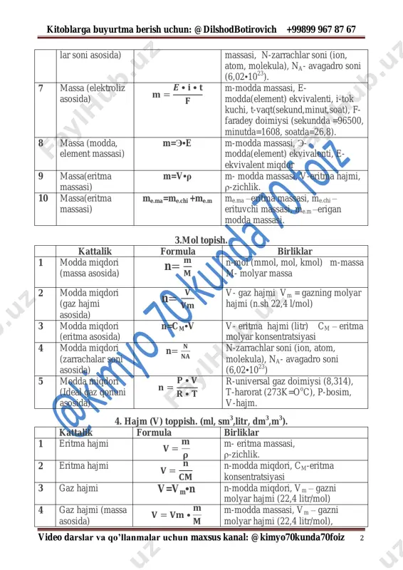 soni (6,02•10 23 ). 7 massa (elektroliz asosida) 𝐦 = 𝑬 • 𝐢 • 𝐭 𝐅 m-modda massasi, e- modda(element) ekvivalenti, i-tok kuchi, t-vaqt(sekund,minut,soat), f- faradey doimiysi (sekundda =96500, minutda=1608, soatda=26,8). 8 massa (modda, element massasi) m=e•e m-modda massasi, e- modda(element) ekvivalenti, e- ekvivalent miqdor 9 massa(eritma massasi) m=v•ρ m- modda massasi, v-eritma hajmi, ρ-zichlik. 10 massa(eritma massasi) me.ma=me.chi +me.m me.ma –eritma massasi, me.chi – erituvchi massasi, me.m –erigan modda massasi. 3.mol topish. kattalik formula birliklar 1 modda miqdori (massa asosida) n= 𝐦 𝐌 n-mol (mmol, mol, kmol) m-massa m- molyar massa 2 modda miqdori (gaz hajmi asosida) n= 𝐕 𝐕𝐦 v- gaz hajmi vm = gazning molyar hajmi (n.sh 22,4 l/mol) 3 modda miqdori (eritma asosida) n=cm•v v- eritma hajmi (litr) cm – eritma molyar konsentratsiyasi 4 modda miqdori (zarrachalar soni asosida) n= 𝐍 𝐍𝐀 n-zarrachlar soni (ion, atom, molekula), na- avagadro soni (6,02•10 23 ) 5 modda miqdori …